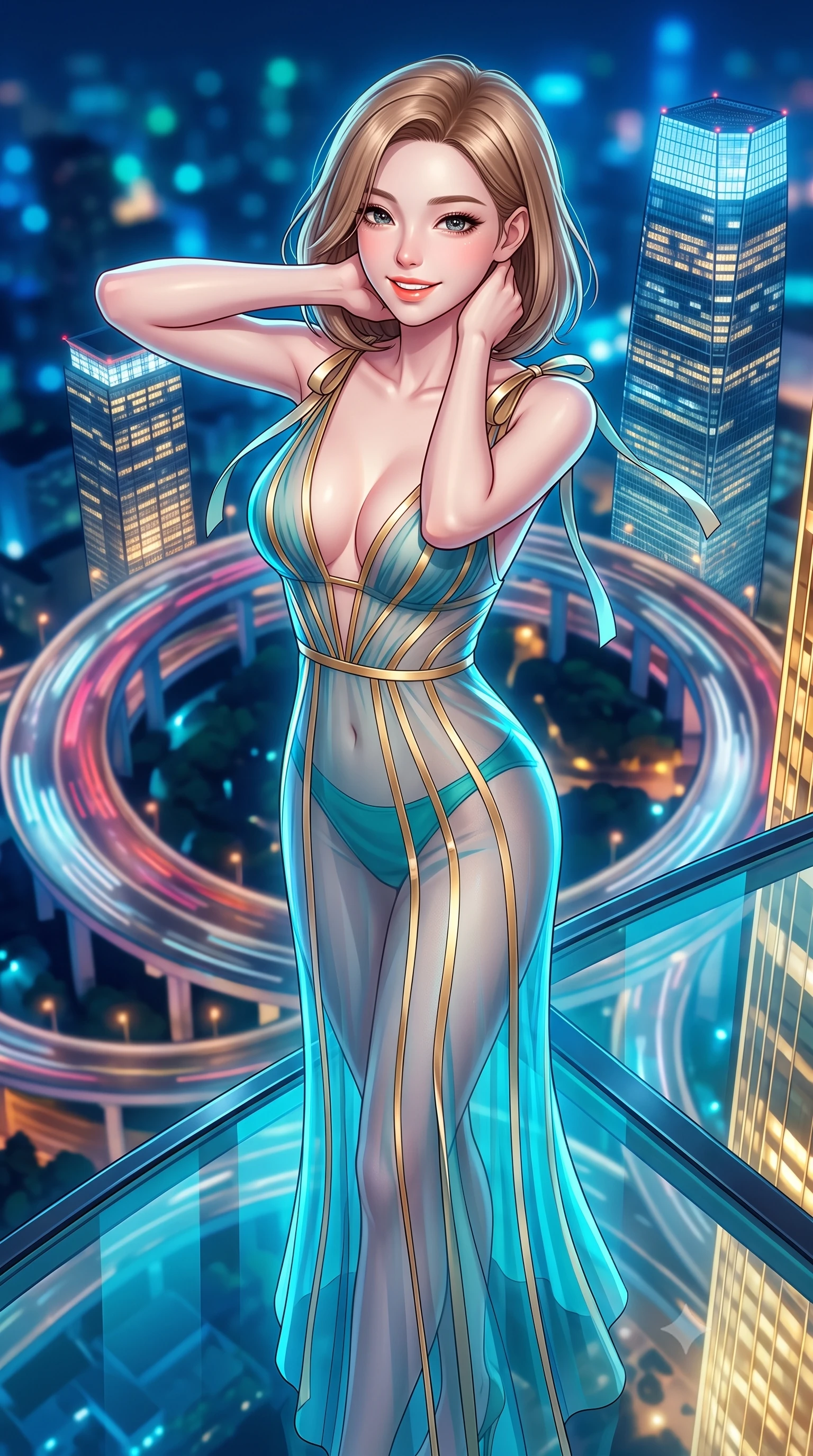 score_9, masterpiece, best quality, ultra-detailed, high-budget anime keyframe, semi-realistic 3D game render, editorial fashion photography, tasteful artistic composition, Korean woman. close-up cowboy shot from the waist and thighs up, the character dominates the composition, filling the frame with her large presence. resting both hands lightly behind her neck with elbows raised, arching her spine to highlight her narrow waist, flat midriff, and breathtaking collarbones while standing poised on the glass cantilever walkway extending over the circular highway interchange, arching her spine with wet-look siren grace. The background shows a soft-focus swirling circular neon traffic overpasses 60 stories below, illuminated glass crowns of Shanghai Tower and Jin Mao, and midnight sky blurred into electric sapphire, emerald, and cyan bokeh. She has an exceptionally elegant, slender, and willowy female figure with an ultra-slim waist, flat toned midriff, narrow ribcage, and sculpted feminine hips creating an alluring, slim hourglass silhouette without bulk. sharp v-shaped jawline, high-bridge nose, intricate jewel-like sparkling eyes with depth, thick eyelashes, glossy parted lips with a natural peach sheen, bright cheerful beaming smile with an enchanting and coquettish sensual glint, exuding both youthful cute charm and seductive allure, flawlessly proportioned anatomical accuracy, strict slender model proportions, natural body alignment, perfectly sculpted long slender limbs, ultra-slim waistline, clean dynamic posture without body distortion. wearing a plunge-front sheer illusion tulle slip dress with liquid gold ribbon stripes hugging her curves in Mediterranean bioluminescent teal and radiant pearl, woven from fine semi-opaque stretch illusion mesh tracing her slender contours, finished with satin ribbon ties at the shoulders fluttering in the gentle breeze, the form-contouring silhouette accentuating her sculpted flat midriff, narrow delicate ribcage, and gracefully curvy hips with intoxicating allure. bathed in electric underwater pool LEDs contrasted with warm golden skyscraper architectural floodlights. highly saturated vibrant anime colors, detailed shading with soft gradients, rich glossy textures, high-contrast stereoscopic depth, volumetric dynamic lighting, master piece, 9:16 ratio