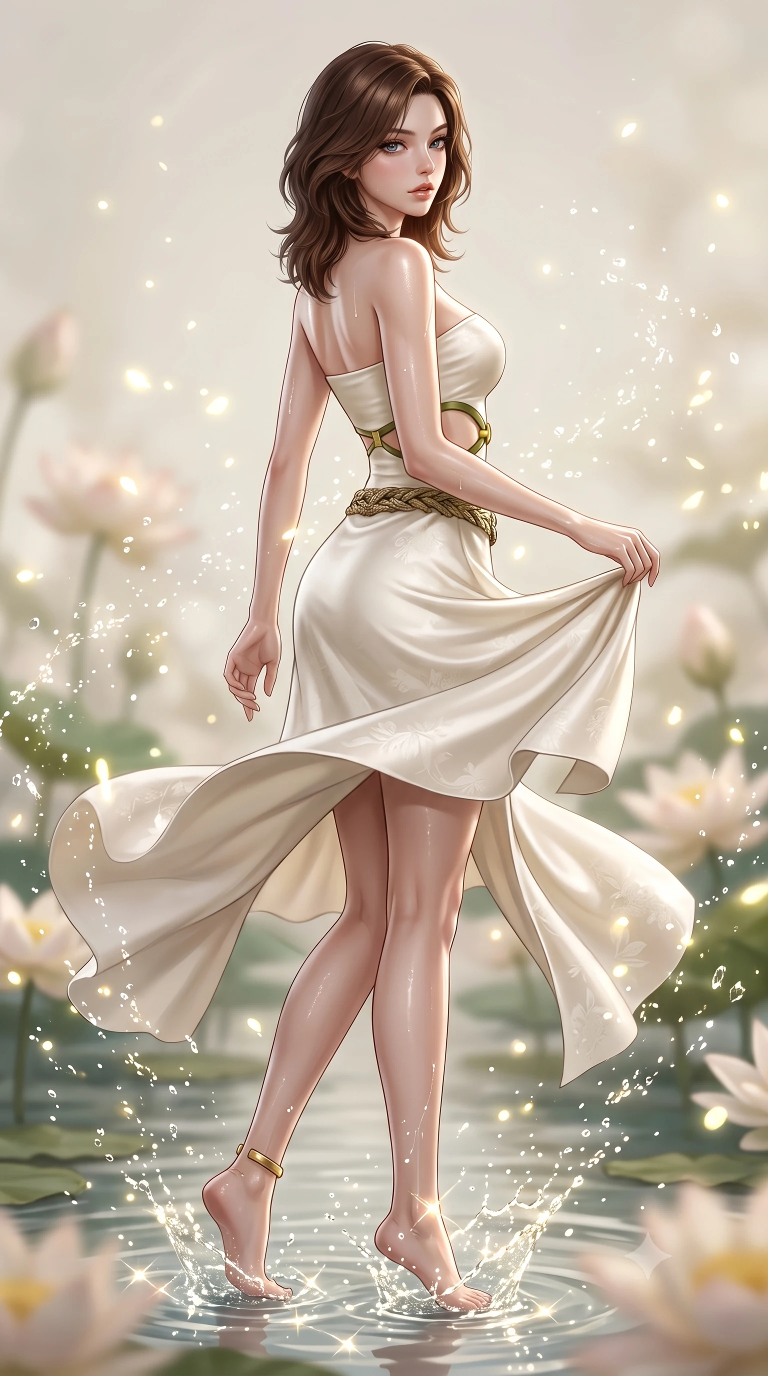 score_9, masterpiece, best quality, ultra-detailed, high-budget anime keyframe, semi-realistic 3D game render, editorial fashion photography, tasteful artistic composition, Korean woman. low angle full-body shot from head to toe showing her feet, filling the entire 9:16 vertical frame with her statuesque presence, stretching her vertical silhouette. executing an elegant mid-motion turn as garments swirl around her slender limbs, glancing over her shoulder with smoldering allure while wading lightly into the shallow lotus pool, water splashing around her slender ankles in glittering droplets. The composition keeps background elements in soft focus with creamy bokeh. sparkling water splash caustics and floating pollen scattering luminous glowing light motes. She has an absolutely perfect, statuesque 8.5-heads proportion, an exceptionally tall and slender model-like female figure with impossibly long slender legs, a toned flat midriff, and an ultra-slim waist. sharp v-shaped jawline, high-bridge nose, intricate jewel-like eyes with depth, thick eyelashes, glossy parted lips with a natural sheen, intensely captivating and seductive expression, flawlessly proportioned anatomical accuracy, strict slender model proportions, natural body alignment, perfectly sculpted long slender limbs, ultra-slim waistline, clean dynamic posture without body distortion. wearing a minimalist sculpted ivory tube dress with curved diagonal midriff cutouts and brass hardware in olive leaf green and bright solar yellow, tailored from smooth liquid silk satin with subtle floral jacquard, accessorized with a woven botanical belt and minimalist gold ankle cuff, the form-contouring material adhering flawlessly to her sculpted flat midriff and slender torso, emphasizing her long leg lines and perfectly proportioned willowy build. illuminated by wet specular highlights accentuating her collarbones, waistline, and slender curves. highly saturated vibrant anime colors, detailed shading with soft gradients, rich glossy textures, high-contrast stereoscopic depth, volumetric dynamic lighting, master piece, 9:16 ratio