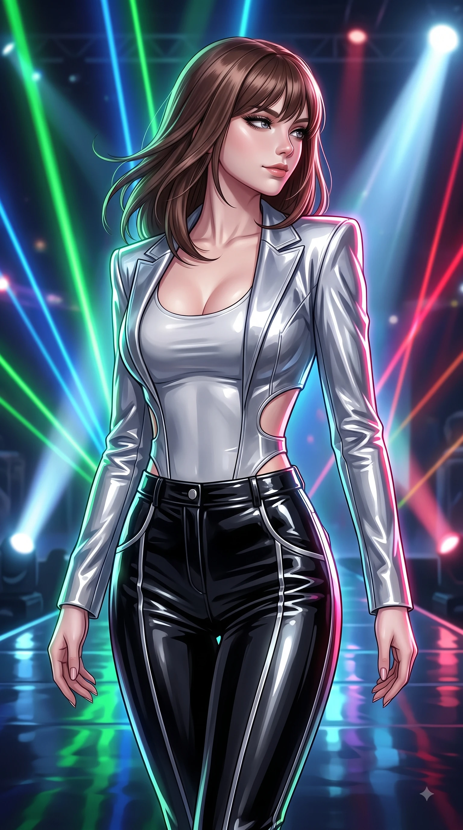 score_9, masterpiece, best quality, ultra-detailed, high-budget anime keyframe, editorial fashion photography, tasteful artistic composition, Korean woman. close-up cowboy shot from the waist and thighs up, the character dominates the composition, filling the frame with her large presence, background elements kept in soft focus. Casting a seductive sidelong gaze over her bare shoulder with heavy lashes and a composed half-smile while holding a powerful, seductive stage pose under intense laser beams on a stadium concert stage, shiny dark stage surface reflecting every concert light beam vividly. She has an exceptionally elegant, slender, and willowy female figure with an ultra-slim waist, a gracefully sculpted slender torso, and a refined silhouette. sharp v-shaped jawline, high-bridge nose, intricate jewel-like eyes with depth, thick eyelashes, glossy lips with a natural sheen, flawlessly proportioned anatomical accuracy, natural body alignment, perfectly sculpted elegant limbs, clean dynamic posture without body distortion. wearing a tailored silk blazer over a form-contouring scoop-neck top and slacks in matte black and polished silver, tailored from high-gloss patent leather, featuring clean architectural cutouts along her slender torso, the glove-like fit emphasizing her statuesque silhouette during motion. bathed in intense volumetric stage spotlights and vivid neon rim lights. ultra-reflective glossy finish, specular highlights, metallic sheen, high-contrast stereoscopic depth, volumetric dynamic lighting, 2k, ultra detail, master piece, 9:16 ratio