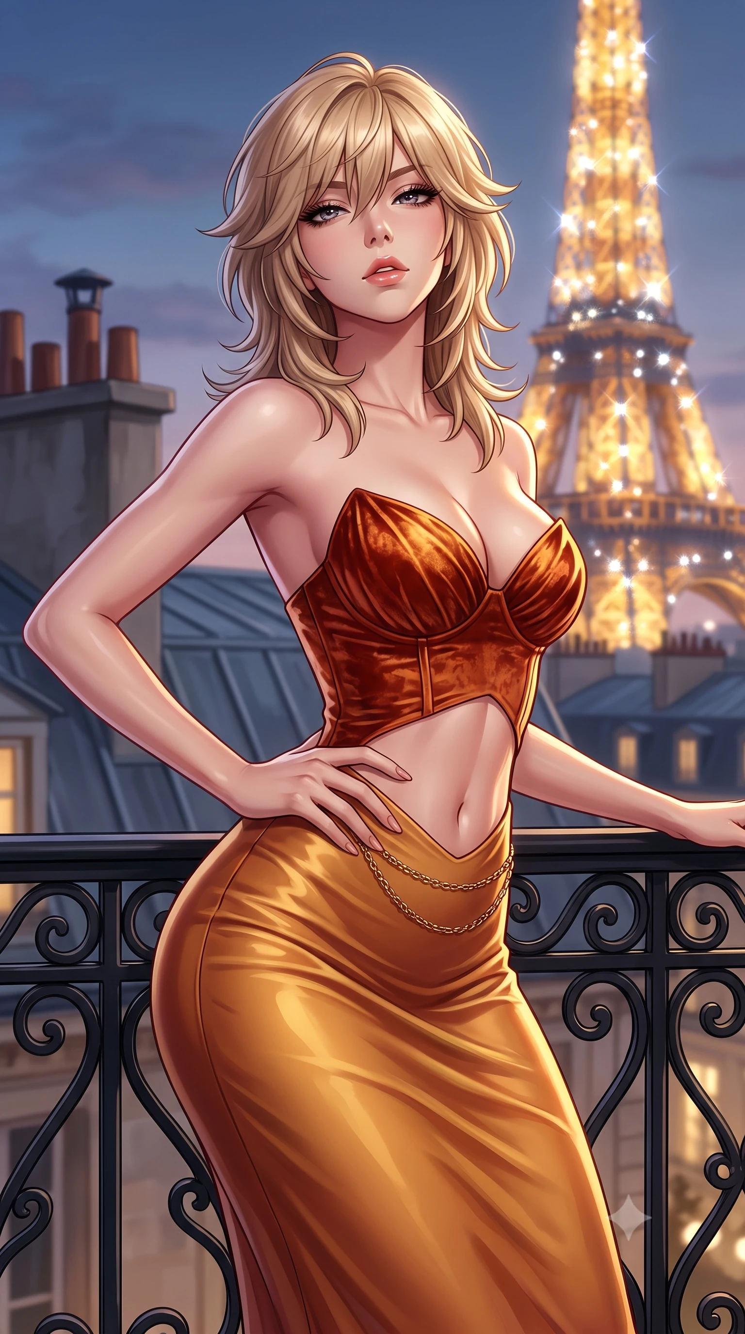 score_9, masterpiece, best quality, ultra-detailed, high-budget anime keyframe, semi-realistic 3D game render, editorial fashion photography, tasteful artistic composition, Japanese woman. close-up cowboy shot from the waist and thighs up, the character dominates the composition, filling the frame with her large presence. tilting her chin up with proud, sovereign allure while gazing through thick eyelashes, one hand resting on her waist in pure supermodel charisma while leaning against the ornate black wrought-iron balcony railing with hips cocked back, looking over her shoulder as the glittering Eiffel Tower sparkles in twilight. The composition keeps background elements in soft focus with creamy bokeh. sparkling Eiffel Tower light show and classic zinc rooftop chimneys blurred into champagne, slate blue, and golden bokeh. She has an exceptionally elegant, slender, and willowy female figure with an ultra-slim waist, flat toned midriff, narrow ribcage, and sculpted feminine hips creating an alluring, slim hourglass silhouette without bulk. sharp v-shaped jawline, high-bridge nose, intricate jewel-like eyes with depth, thick eyelashes, glossy parted lips with a natural sheen, intensely captivating and seductive bedroom-eyes expression, flawlessly proportioned anatomical accuracy, strict slender model proportions, natural body alignment, perfectly sculpted long slender limbs, ultra-slim waistline, clean dynamic posture without body distortion. wearing a deep sweetheart neckline crushed velvet corseted ballgown with an exposed midriff cutout in molten desert gold and burnt terracotta, tailored from liquid silk jersey adhering flawlessly to her slender build, accented with a delicate gold chain belt resting loosely on her curvy hips, the glove-like aerodynamic silhouette tightly following the natural contour of her hips and long slender legs with statuesque 8.5-heads elegance. illuminated by sparkling Eiffel Tower light glints defining her razor-sharp jawline, narrow waist, and curvy hips. highly saturated vibrant anime colors, detailed shading with soft gradients, rich glossy textures, high-contrast stereoscopic depth, volumetric dynamic lighting, master piece, 9:16 ratio