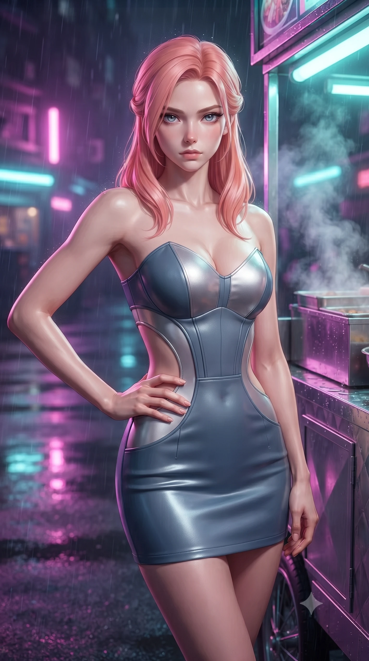 score_9, masterpiece, best quality, ultra-detailed, high-budget anime keyframe, editorial fashion photography, tasteful artistic composition, Japanese woman. close-up cowboy shot from the waist and thighs up, the character dominates the composition, filling the frame with her large presence, background elements kept in soft focus. Holding a confident power pose with one hand on her hip, gazing directly into the camera with quiet intensity resting against a sleek metallic food cart as steam rises into rain-slicked air, wet asphalt reflecting glowing pink, purple, and aqua neon light bars. She has an exceptionally elegant, slender, and willowy female figure with an ultra-slim waist, a gracefully sculpted slender torso, and a refined silhouette. sharp v-shaped jawline, high-bridge nose, intricate jewel-like eyes with depth, thick eyelashes, glossy lips with a natural sheen. wearing a modern fusion silk hanbok dress with a structured bodice in slate blue and metallic silver, formed from sleek second-skin neoprene, featuring clean architectural cutouts along her slender torso, the sleek second-skin texture accentuating her magnetic presence. surrounded by a high-energy futuristic nightlife atmosphere. highly saturated vibrant anime colors, detailed shading with soft gradients, rich glossy textures, high-contrast stereoscopic depth, volumetric dynamic lighting, master piece, 9:16 ratio