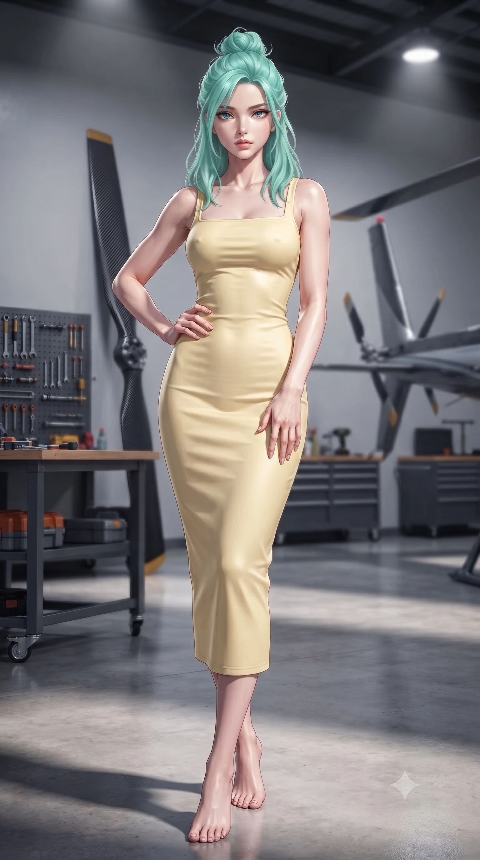 score_9, masterpiece, best quality, ultra-detailed, high-budget anime keyframe, editorial fashion photography, tasteful artistic composition, Japanese woman. low angle full-body shot from head to toe showing her feet, filling the entire 9:16 vertical frame with her statuesque presence, stretching her vertical silhouette. posing confidently with one hand on her hip, stretching her statuesque body to emphasize her curves the background shows a soft-focus a private helicopter hangar with steel racks, tools, and carbon fiber panels. She has an absolutely perfect, statuesque 8.5-heads proportion, an exceptionally tall and slender model-like female figure with impossibly long slender legs and an ultra-slim waist. sharp v-shaped jawline, high-bridge nose, intricate jewel-like eyes with depth, thick eyelashes, glossy lips with a natural sheen. wearing a body-hugging casual summer sundress in pale yellow cotton with a simple square neckline. focused spotlights casting sharp, detailed shadows across her figure. ultra-reflective glossy finish, specular highlights, metallic sheen, high-contrast stereoscopic depth, volumetric dynamic lighting, 2k, ultra detail, master piece, 9:16 ratio
