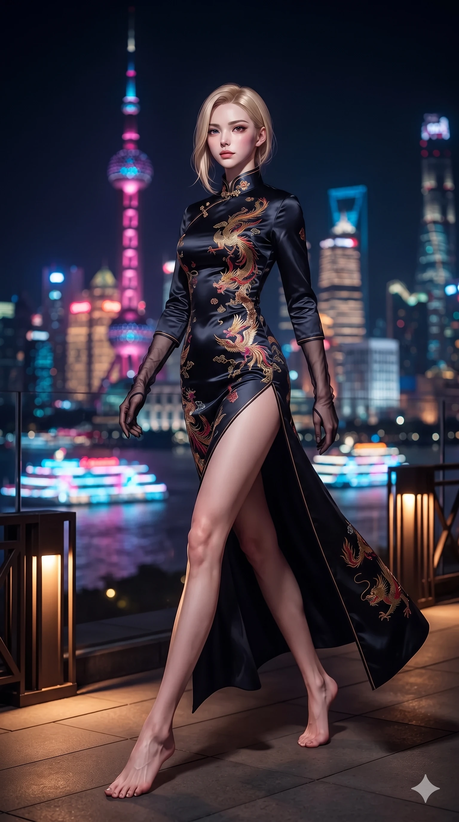 score_9, masterpiece, best quality, ultra-detailed, high-budget anime keyframe, editorial fashion photography, tasteful artistic composition, Korean woman. low angle full-body shot from head to toe showing her feet, filling the entire 9:16 vertical frame with her statuesque presence, stretching her vertical silhouette. stepping forward in a confident stride, her long slender legs and curvaceous hips creating a dynamic, sweeping vertical line while striding across the penthouse terrace as river breezes whip her high-slit dress open, accentuating her long slender legs and curvy hips. The background shows a soft-focus blazing neon spires of the Oriental Pearl Tower, illuminated Huangpu river cruise ships, and geometric Art Deco railings blurred into magenta, electric cyan, and deep obsidian bokeh. She has an exceptionally tall and slender model-like 8.5-heads proportion, an ultra-slim waist, a flat toned midriff, narrow delicate ribcage, and beautifully sculpted feminine hips creating a graceful, slim hourglass silhouette without any bulky heaviness, with impossibly long slender legs. sharp v-shaped jawline, high-bridge nose, intricate jewel-like sparkling eyes with depth, thick eyelashes, glossy parted lips with a natural sheen, intensely captivating and seductive bedroom-eyes expression, exuding both youthful cute charm and sovereign luxury allure, flawlessly proportioned anatomical accuracy, strict slender model proportions, natural body alignment, perfectly sculpted long slender limbs, ultra-slim waistline, clean dynamic posture without body distortion. wearing an aristocratic high-neck Mandarin collar long-sleeve silk cheongsam evening gown with embroidered dragon-and-phoenix crests in celadon jade and antique gold-leaf, crafted from bespoke double-faced cashmere with an exceptionally soft tactile finish, complemented by sheer opera-length evening gloves tracing her slender arms, the bespoke structured tailoring following the natural line of her 8.5-heads silhouette with refined elegance. bathed in vibrant magenta and electric cyan river skyline reflections contrasting with warm amber interior downlights. ultra-reflective glossy finish, specular highlights, rich textural contrasts, high-contrast stereoscopic depth, volumetric dynamic lighting, 2k, ultra detail, master piece, 9:16 ratio