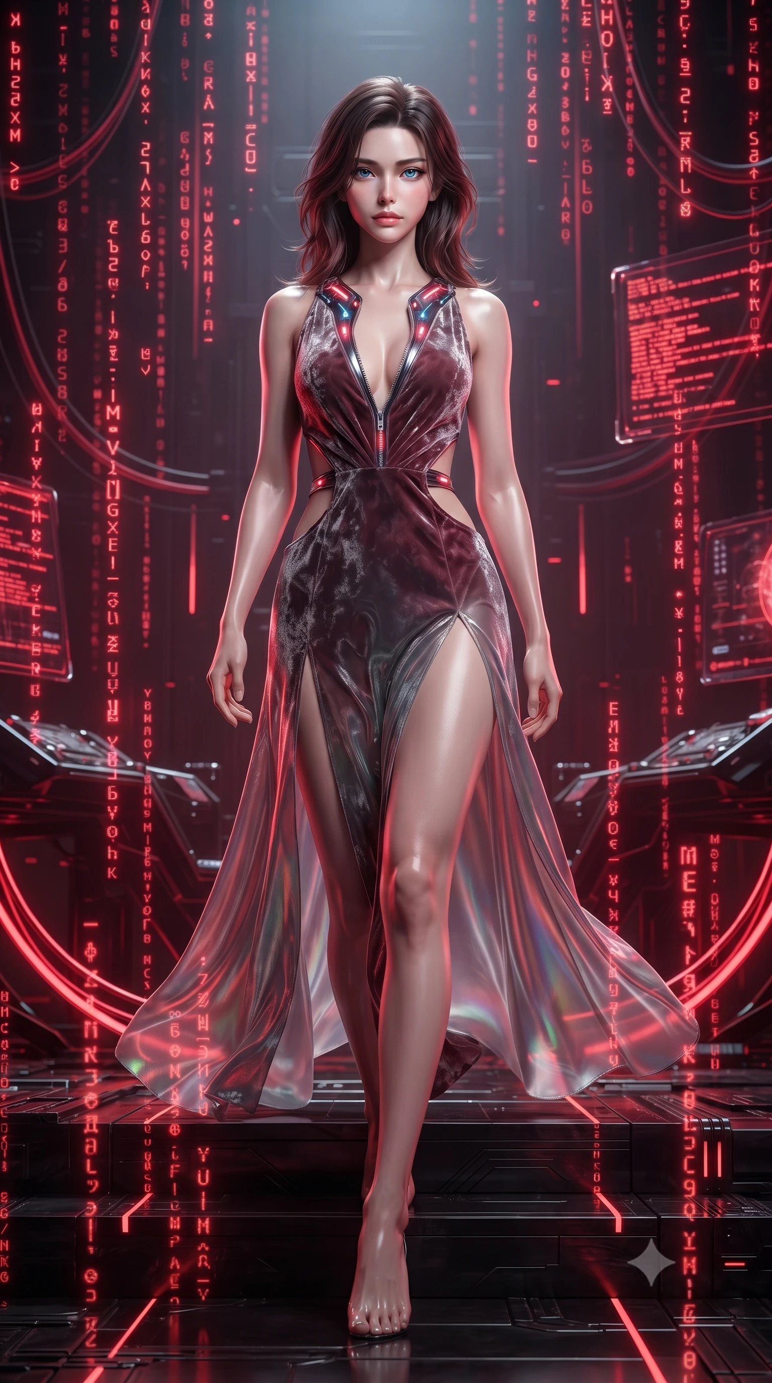 score_9, masterpiece, best quality, ultra-detailed, high-budget anime keyframe, editorial fashion photography, tasteful artistic composition, Korean woman. low angle full-body shot from head to toe showing her feet, filling the entire 9:16 vertical frame with her statuesque presence, stretching her vertical silhouette. striding forward in a proud, statuesque motion with a dangerous smolder, her vertical silhouette dominating the frame from head to toe while stepping down from a high-tech circuit dais as glowing red matrix glyphs cascade around her. The surrounding environment is rendered in vivid detail and crisp panoramic clarity. intricate circuit board textures, glowing crimson conduits, and polished obsidian throne details in deep focus. She has an absolutely perfect, statuesque 8.5-heads proportion, an exceptionally tall and slender model-like female figure with impossibly long slender legs and an ultra-slim waist. sharp v-shaped jawline, high-bridge nose, intricate jewel-like eyes with depth, thick eyelashes, glossy lips with a natural sheen, flawlessly proportioned anatomical accuracy, natural body alignment, perfectly sculpted elegant limbs, clean dynamic posture without body distortion. wearing a backless crushed velvet gown with a deep V-neckline, strategic hip cutouts, and an ultra-high thigh slit in translucent smoky quartz and iridescent holographic sheen, made of smooth iridescent silk chiffon that shifts colors with movement, featuring a dangerously unzipped neckline framed by glowing cybernetic accents, the daring cutouts accentuating her delicate midriff, graceful collarbones, and feminine contour. illuminated by deep ruby red ambient glow and crisp silver specular highlights. ultra-reflective glossy finish, specular highlights, metallic sheen, high-contrast stereoscopic depth, volumetric dynamic lighting, 2k, ultra detail, master piece, 9:16 ratio
