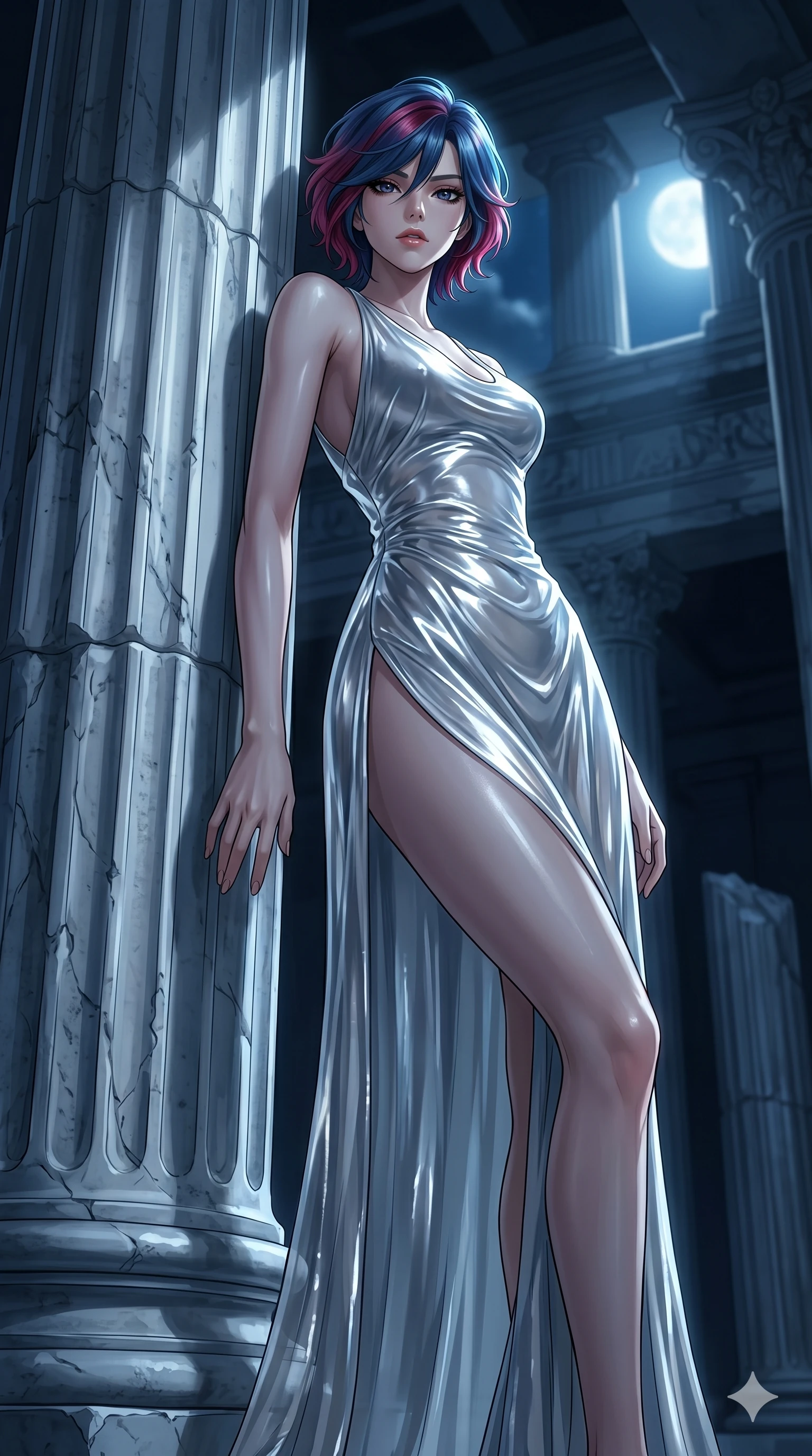 score_9, masterpiece, best quality, ultra-detailed, High-budget Anime Keyframe, East Asian woman. Low angle cowboy shot filling the entire 9:16 frame with her statuesque presence. Scenario 263: Leaning against a cold marble pillar in a moonlit greek temple. Her presence is magnetic and overpowering in this high-budget anime scene. Outfit 263: A shimmering chiffon liquid with a thigh-high slit and wet-look texture. The clothing is designed to emphasize her exceptionally tall and slender 8-heads proportion. 8-heads proportion, towering silhouette, ultra-slim waist. sharp v-shaped jawline, intricate jewel-like eyes with depth, thick eyelashes, glossy lips. 2k, ultra detail, master piece, 9:16 ratio
