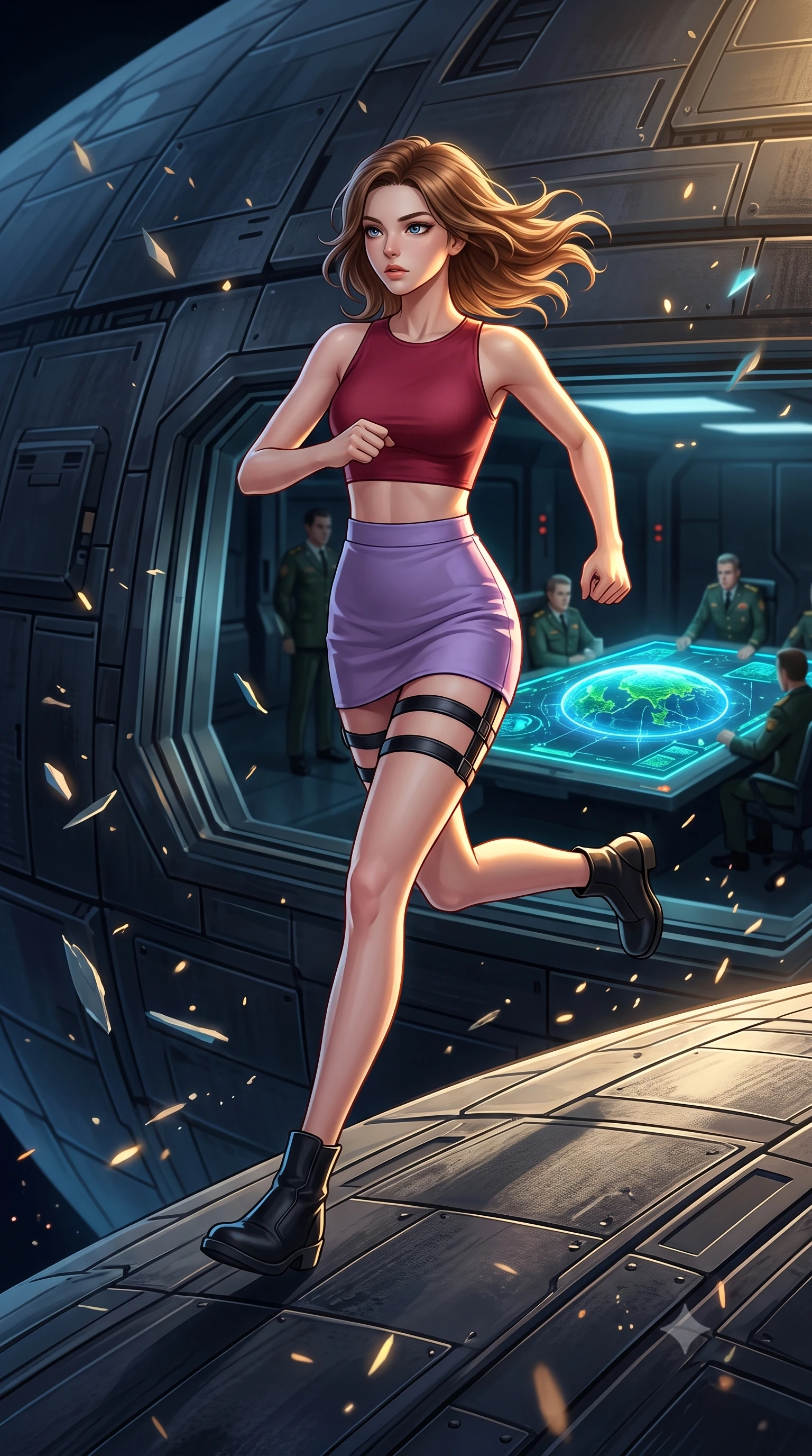 score_9, masterpiece, best quality, ultra-detailed, high-budget anime keyframe, editorial fashion photography, tasteful artistic composition, Korean woman. low angle full-body shot from head to toe showing her feet, filling the entire 9:16 vertical frame with her statuesque presence, stretching her vertical silhouette. running along the outer hull of a giant starship in zero gravity, magnetic boots clinging to a dark room with a large holographic table showing a planetary shield map, military officers in soft focus around the edge. She has a statuesque 8.5-heads proportion, an exceptionally tall, slender and willowy model-like build with impossibly long legs and a highly sculpted ultra-slim waist. sharp v-shaped jawline, high-bridge nose, intricate jewel-like eyes with depth, thick eyelashes, glossy lips with a natural sheen. wearing catching and diffusing the glowing particles, shimmering softly in response to the surrounding light, a body-hugging matte crimson crop top paired with matching high-waist lavender mini skirt and black leather thigh straps. highly saturated vibrant anime colors, intense vivid color palette, soft 3D volumetric shading, volumetric dynamic lighting, dramatic chiaroscuro with a single golden key light sculpting her silhouette. 2k, ultra detail, master piece, 9:16 ratio