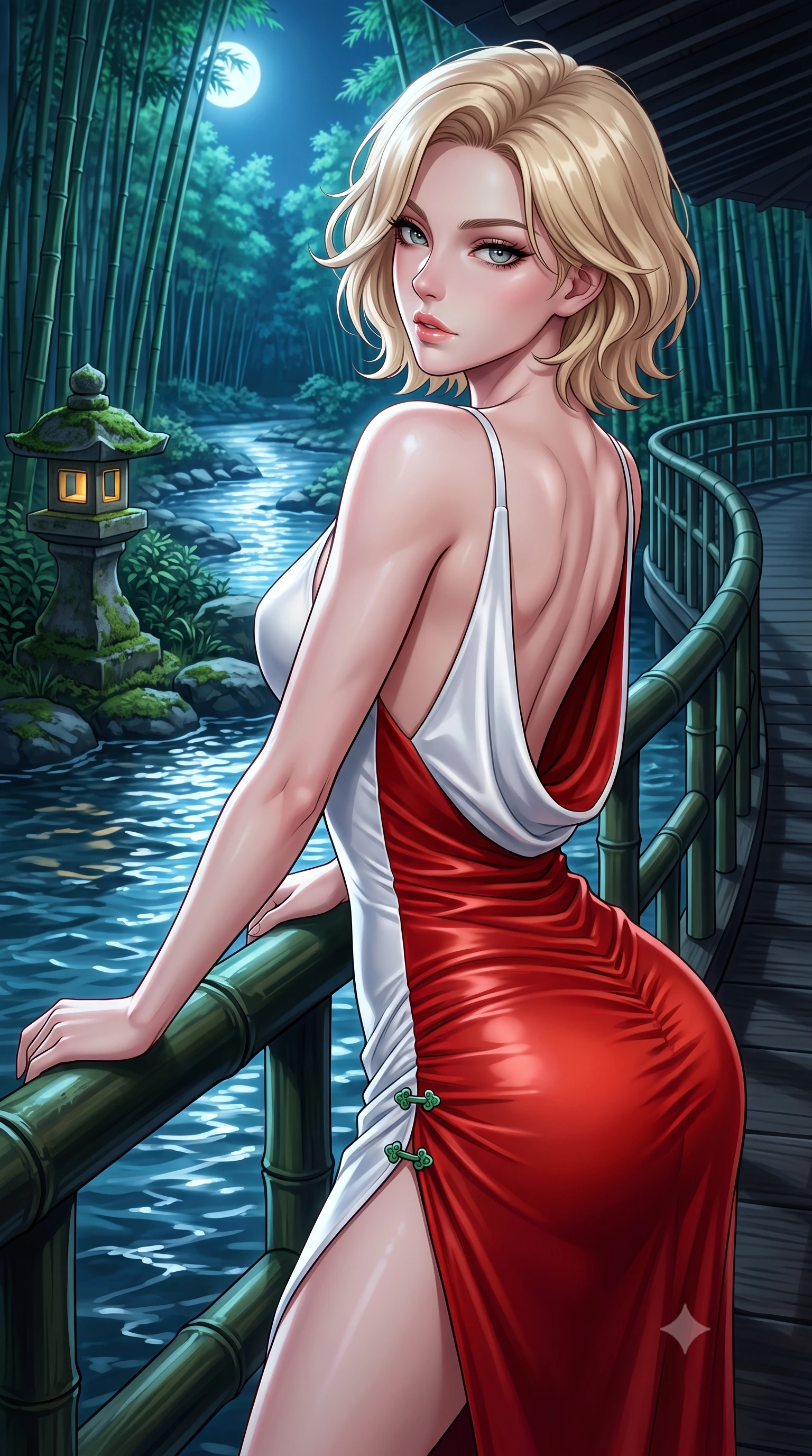 score_9, masterpiece, best quality, ultra-detailed, high-budget anime keyframe, semi-realistic 3D game render, editorial fashion photography, tasteful artistic composition, Caucasian woman. close-up cowboy shot from the waist and thighs up, the character dominates the composition, filling the frame with her large presence. leaning back with relaxed seductive grace, her sculpted collarbones and narrow waist highlighted as she casts smoldering bedroom-eyes directly into the camera while leaning forward over the dark bamboo veranda railing with lower back arched, looking over her bare shoulder into the moonlit bamboo grove. The surrounding environment is rendered in vivid detail and crisp panoramic clarity. detailed silk kimono weave, stone lantern moss textures, and river water ripples in high resolution. She has an exceptionally elegant, slender, and willowy female figure with an ultra-slim waist, a gracefully sculpted slender torso, toned flat midriff, and rounded feminine hips creating an alluring hourglass silhouette. sharp v-shaped jawline, high-bridge nose, intricate jewel-like eyes with depth, thick eyelashes, glossy parted lips with a natural sheen, intensely captivating and seductive bedroom-eyes expression, flawlessly proportioned anatomical accuracy, strict slender model proportions, natural body alignment, perfectly sculpted long slender limbs, ultra-slim waistline, clean dynamic posture without body distortion. wearing a form-contouring liquid satin slip dress with a deep cowl back and hip-defining ruching in pure snow white and vermilion red, made of flexible second-skin stretch neoprene with specular wet sheen, finished with an ultra-high side slit secured by miniature jade clasps, the form-contouring material adhering flawlessly to her sculpted flat midriff and slender torso, emphasizing her long leg lines and perfectly proportioned willowy build. surrounded by a tranquil, poetic, and deeply sensual Japanese ryokan muse aura. highly saturated vibrant anime colors, detailed shading with soft gradients, rich glossy textures, high-contrast stereoscopic depth, volumetric dynamic lighting, master piece, 9:16 ratio