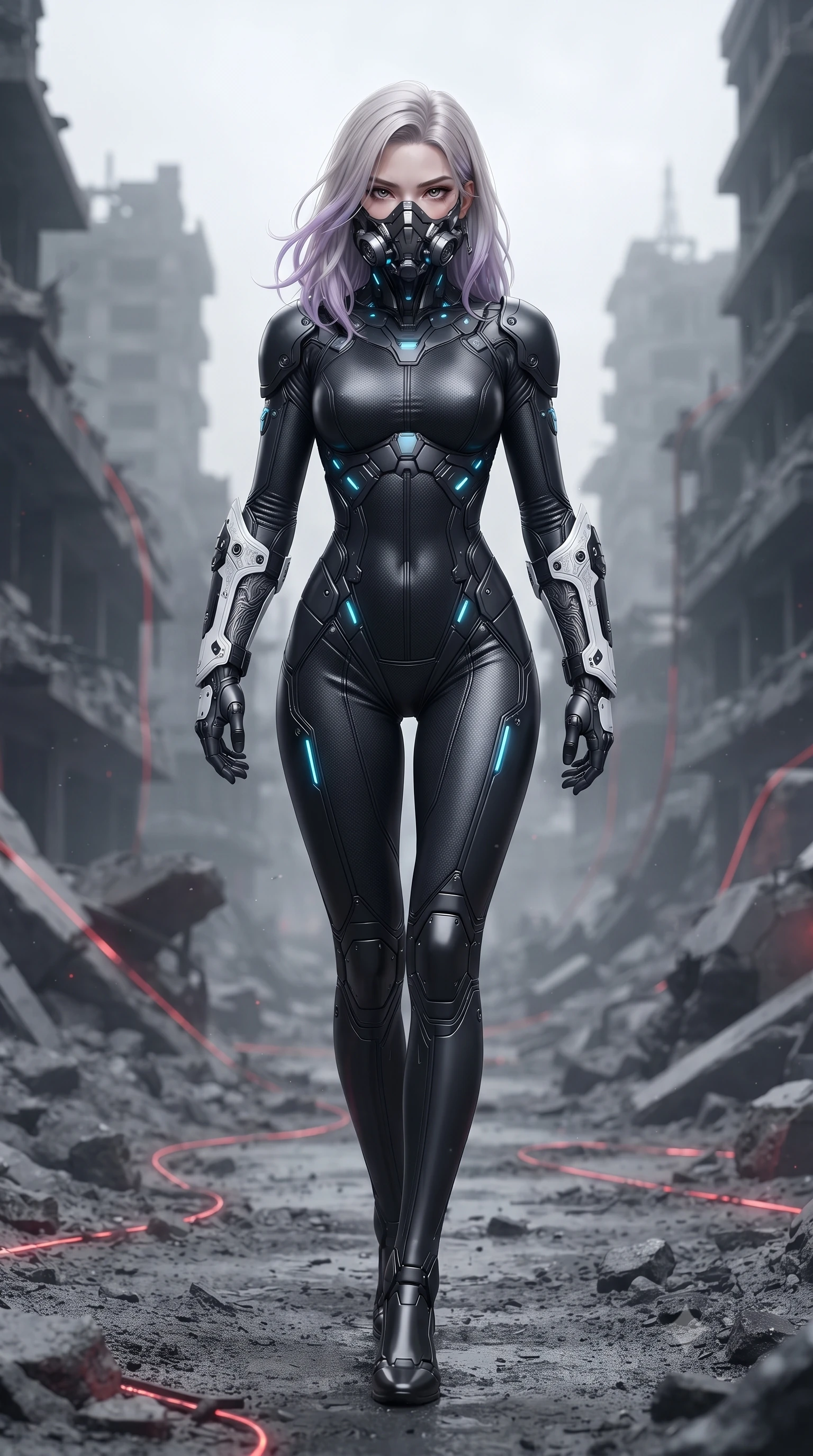 score_9, masterpiece, best quality, ultra-detailed, high-budget anime keyframe, editorial fashion photography, tasteful artistic composition, Caucasian woman. low angle full-body shot from head to toe showing her feet, filling the entire 9:16 vertical frame with her statuesque presence, stretching her vertical silhouette. striding forward with sovereign warrior elegance in a low, predatory combat advance through the ruins, hips swaying with fierce athletic poise while arching her spine in a fluid motion as she parries an unseen shockwave with her reinforced kinetic forearm bracers. The surrounding environment is rendered in vivid detail and crisp panoramic clarity. sharp carbon pauldron edge bevels, glowing red conduit lines, and textured ash ground in deep focus. She has an absolutely perfect, statuesque 8.5-heads proportion, an exceptionally tall and slender model-like female figure with impossibly long slender legs, a toned flat midriff, and an ultra-slim waist. sharp v-shaped jawline, high-bridge nose, intricate jewel-like eyes with depth, thick eyelashes, glossy lips with a natural sheen, fierce and resolute heroine expression, flawlessly proportioned anatomical accuracy, strict slender model proportions, natural body alignment, perfectly sculpted long slender limbs, ultra-slim waistline, clean dynamic posture without body distortion. wearing a sleek titanium half-face combat rebreather guard protecting her lower jaw while leaving her expressive eyes and long hair flowing freely, paired with a skin-tight dark carbon-weave combat bodysuit with glowing neon energy conduits and reinforced Damascus-pattern forearm strike guards in monochrome white enamel carbon with high-contrast black tactical panels, made of liquid carbon-jersey fabric accentuating every curve of her tall, slender model proportions, finished with high-mobility flexible armor articulation seams and miniature magnetic locks, the liquid-tight tailored fabric emphasizing every curve of her tall, slender model proportions and sculptured silhouette during dynamic movement. illuminated by crisp white key light with sharp specular highlights tracing her ultra-slim waist and long legs. ultra-reflective glossy finish, specular highlights, dark metallic sheen, high-contrast stereoscopic depth, volumetric dynamic lighting, 2k, ultra detail, master piece, 9:16 ratio