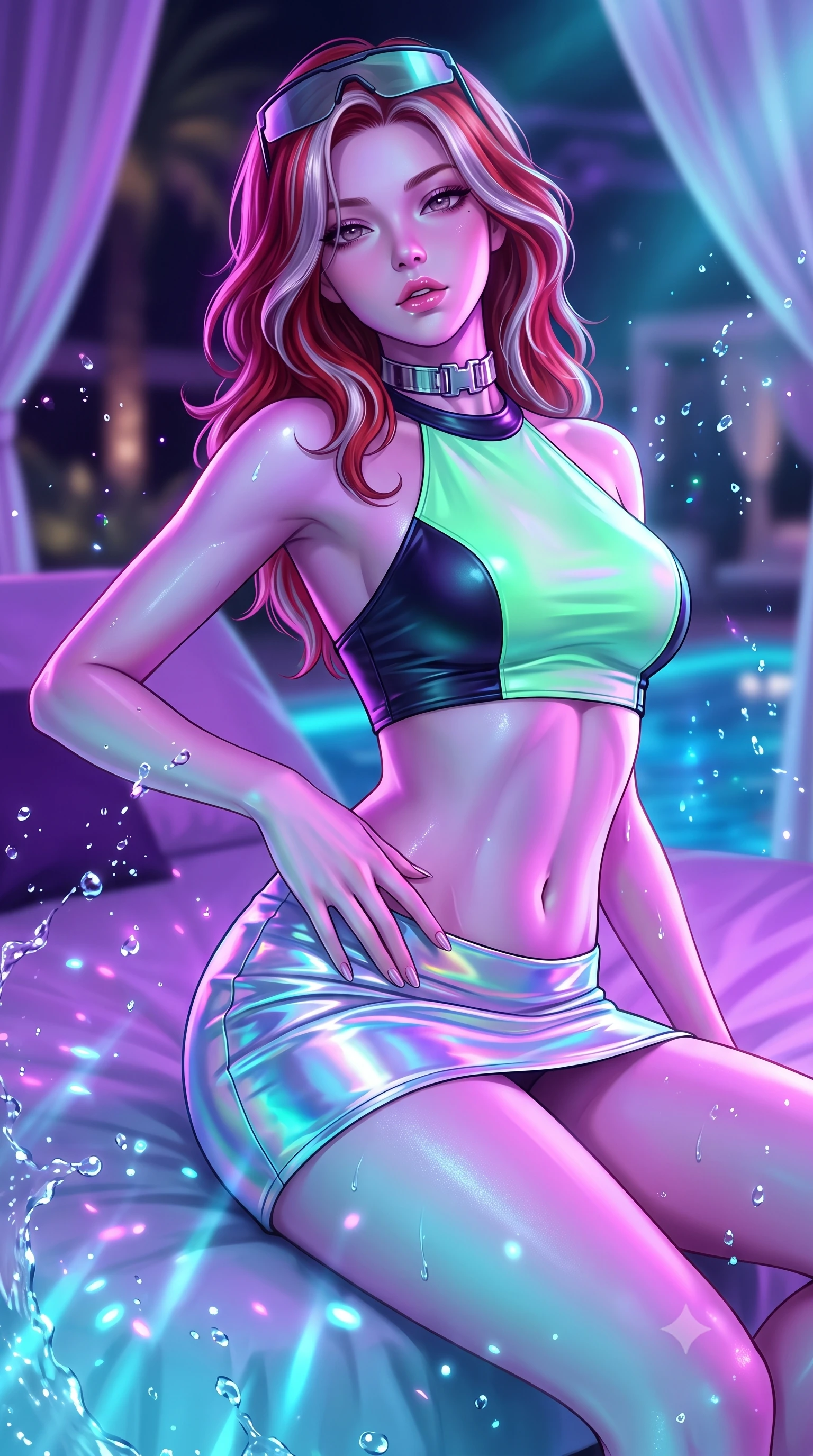 score_9, masterpiece, best quality, ultra-detailed, high-budget anime keyframe, semi-realistic 3D game render, editorial fashion photography, tasteful artistic composition, Caucasian woman. close-up cowboy shot from the waist and thighs up, the character dominates the composition, filling the frame with her large presence. arching her spine backward with effortless dancer poise, one hand sliding along her hip line as directional light carves specular highlights along her silhouette while lounging in a private VIP cabana bed propped on one hip, parted lips glistening as purple and cyan neon reflections wash over her body. The composition keeps background elements in soft focus with creamy bokeh. splashing water droplets and underwater LED light rays scattering shimmering neon light motes. She has an exceptionally elegant, slender, and willowy female figure with an ultra-slim waist, a gracefully sculpted slender torso, toned flat midriff, and rounded feminine hips creating an alluring hourglass silhouette. sharp v-shaped jawline, high-bridge nose, intricate jewel-like eyes with depth, thick eyelashes, glossy parted lips with a natural sheen, intensely captivating and seductive bedroom-eyes expression, flawlessly proportioned anatomical accuracy, strict slender model proportions, natural body alignment, perfectly sculpted long slender limbs, ultra-slim waistline, clean dynamic posture without body distortion. wearing a low-rise holographic micro-skirt paired with an aerodynamic crop halter top in neon mint green and dark obsidian, tailored from supple second-skin lambskin leather with specular wet sheen, accessorized with cyber-visor sunglasses resting on her brow and chunky silver choker, the form-contouring material adhering flawlessly to her sculpted flat midriff and slender torso, emphasizing her long leg lines and perfectly proportioned willowy build. surrounded by an electrifying, hypnotic, and irresistibly provocative nightlife goddess aura. highly saturated vibrant anime colors, detailed shading with soft gradients, rich glossy textures, high-contrast stereoscopic depth, volumetric dynamic lighting, master piece, 9:16 ratio