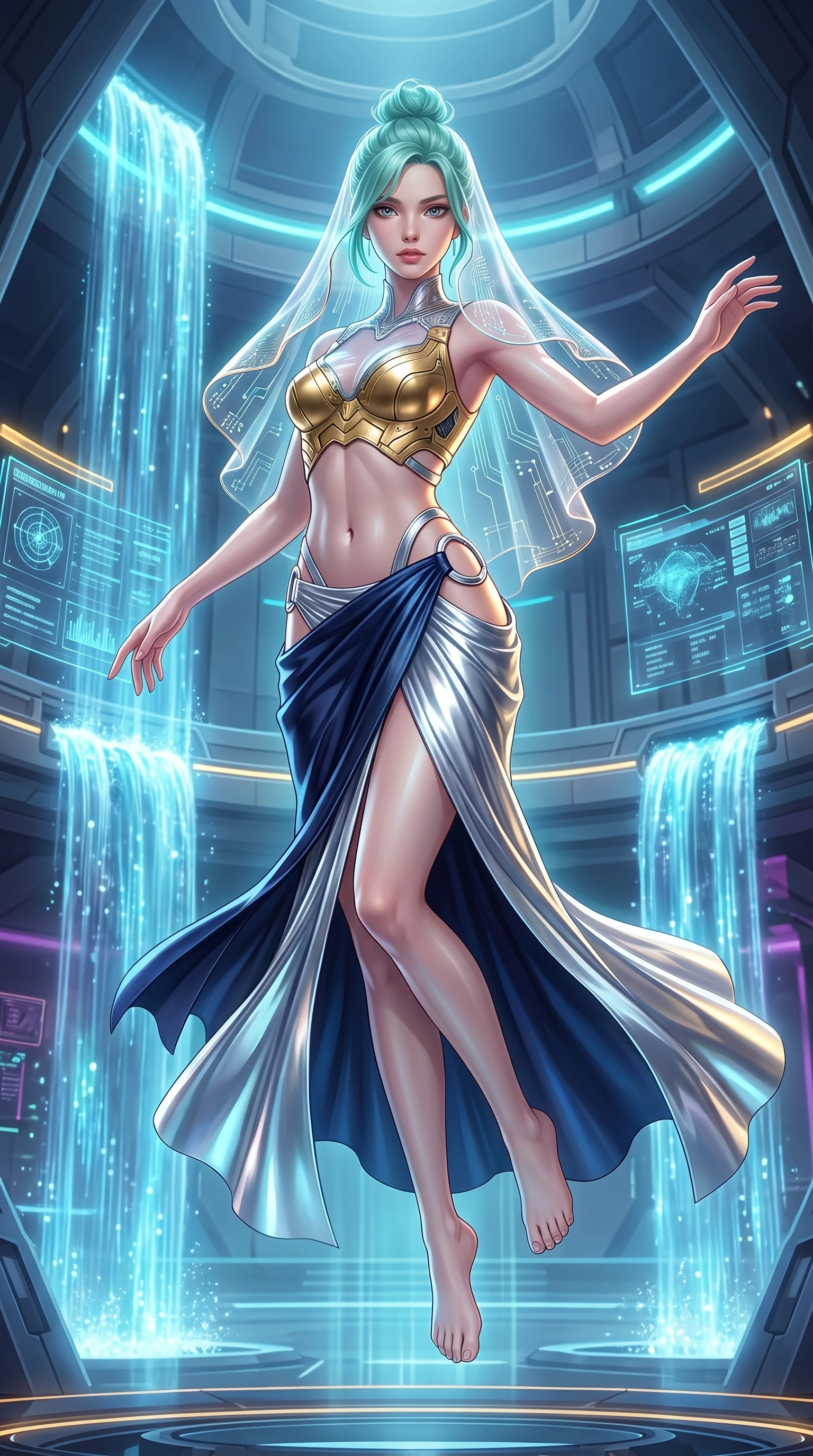 score_9, masterpiece, best quality, ultra-detailed, high-budget anime keyframe, semi-realistic 3D game render, editorial fashion photography, tasteful artistic composition, Japanese woman. low angle full-body shot from head to toe showing her feet, filling the entire 9:16 vertical frame with her statuesque presence, stretching her vertical silhouette. pivoting dynamically in mid-motion with a breathtakingly alluring posture, displaying her flawless model proportions, toned flat midriff, and ultra-slim waist while floating weightlessly in the heart of a quantum supercomputer chamber surrounded by cascading bioluminescent fiber-optic waterfalls. The surrounding environment is rendered in vivid detail and crisp panoramic clarity. vibrant high-contrast cybernetic lighting and monumental quantum architecture in panoramic precision. She has an absolutely perfect, statuesque 8.5-heads proportion, an exceptionally tall and slender model-like female figure with impossibly long slender legs, a toned flat midriff, and an ultra-slim waist. sharp v-shaped jawline, high-bridge nose, intricate jewel-like eyes with depth, thick eyelashes, glossy lips with a natural sheen, flawlessly proportioned anatomical accuracy, strict slender model proportions, natural body alignment, perfectly sculpted long slender limbs, ultra-slim waistline, clean dynamic posture without body distortion. wearing an ethereal translucent cyber-veil paired with a sculpted golden mechanical cuirass and high-fashion draped silk skirt in deep midnight navy blue and pure starlight chrome, crafted from ultra-reflective second-skin liquid metal with a mirror-like polish, detailed with polished silver rings connecting the daring side-waist cutouts, the liquid-tight tailored fabric emphasizing every curve of her tall, slender model proportions and sculptured silhouette during dynamic movement. surrounded by an omniscient, divine, and radiantly transcendent digital muse aura. rich saturated anime colors with glowing neon highlights, detailed shading with soft gradients, rich glossy textures, high-contrast stereoscopic depth, volumetric dynamic lighting, master piece, 9:16 ratio