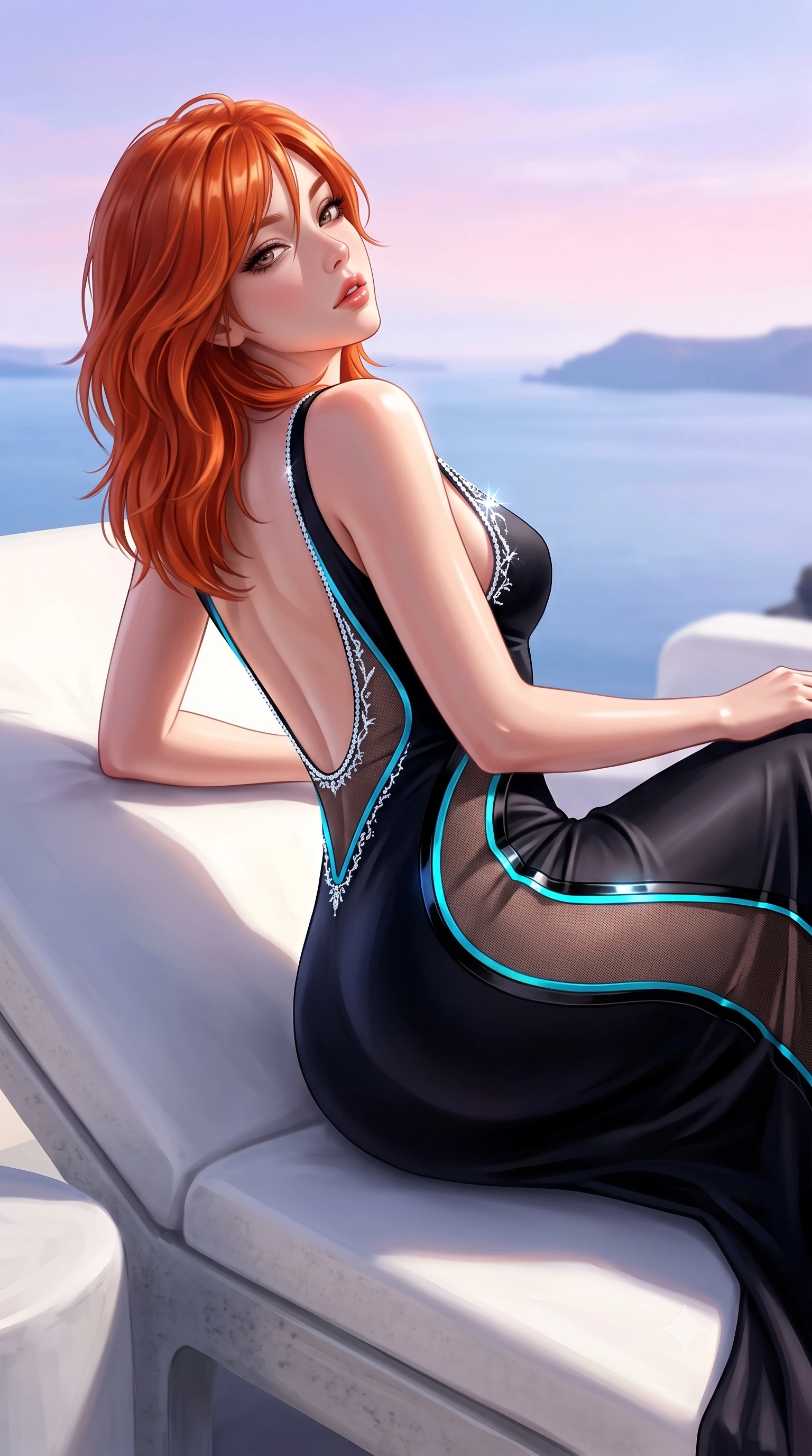 score_9, masterpiece, best quality, ultra-detailed, high-budget anime keyframe, semi-realistic 3D game render, editorial fashion photography, tasteful artistic composition, Korean woman. close-up cowboy shot from the waist and thighs up, the character dominates the composition, filling the frame with her large presence. twisting her slender torso in a deep contrapposto stance, hips dramatically shifted to accentuate her feminine curves while looking past her shoulder with smoldering bedroom-eyes while reclining languidly on a white stone sunbed with one knee raised, head tilted back toward the pastel Aegean skies with parted lips. The surrounding environment is rendered in vivid detail and crisp panoramic clarity. breathtaking high-key Greek island chiaroscuro and luxurious caldera retreat aesthetics in precision. She has an exceptionally elegant, slender, and willowy female figure with an ultra-slim waist, flat toned midriff, narrow ribcage, and sculpted feminine hips creating an alluring, slim hourglass silhouette without bulk. sharp v-shaped jawline, high-bridge nose, intricate jewel-like eyes with depth, thick eyelashes, glossy parted lips with a natural sheen, intensely captivating and seductive bedroom-eyes expression, flawlessly proportioned anatomical accuracy, strict slender model proportions, natural body alignment, perfectly sculpted long slender limbs, ultra-slim waistline, clean dynamic posture without body distortion. wearing a second-skin black silk jersey maxi dress with asymmetrical sheer mesh side panels tracing the full curve of her hip in neon electric cyan and lacquer black, tailored from liquid silk jersey adhering flawlessly to her slender build, finished with delicate crystal frost embroidery tracing the plunging neckline, the precision-cut side openings and low-back scoop framing her graceful spine and the sensual sweep of her slim, toned hips. illuminated by glowing specular sun glints defining her sculpted collarbones, narrow waist, and rounded hips. highly saturated vibrant anime colors, detailed shading with soft gradients, rich glossy textures, high-contrast stereoscopic depth, volumetric dynamic lighting, master piece, 9:16 ratio