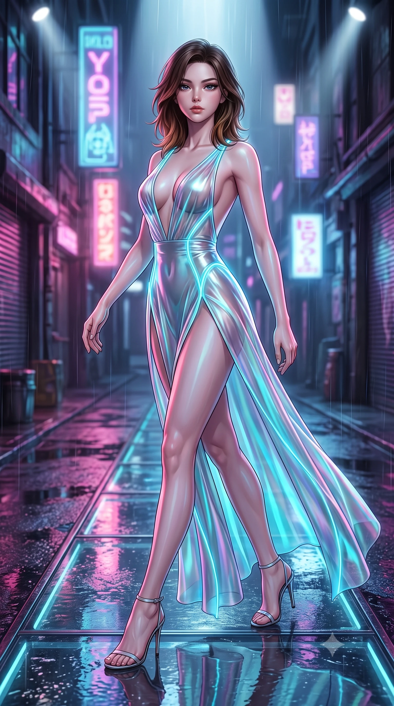 score_9, masterpiece, best quality, ultra-detailed, high-budget anime keyframe, semi-realistic 3D game render, editorial fashion photography, tasteful artistic composition, Korean woman. low angle full-body shot from head to toe showing her feet, filling the entire 9:16 vertical frame with her statuesque presence, stretching her vertical silhouette. pivoting dynamically in mid-motion with a breathtakingly alluring posture, displaying her flawless model proportions and ultra-slim waist while striding commanding down a glossy wet glass runway in a rain-drenched cyberpunk alley. The composition keeps background elements in soft focus with creamy bokeh. wet asphalt reflections and glowing holographic signs softened by shallow depth of field. She has an absolutely perfect, statuesque 8.5-heads proportion, an exceptionally tall and slender model-like female figure with impossibly long slender legs and an ultra-slim waist. sharp v-shaped jawline, high-bridge nose, intricate jewel-like eyes with depth, thick eyelashes, glossy lips with a natural sheen, flawlessly proportioned anatomical accuracy, natural body alignment, perfectly sculpted elegant limbs, clean dynamic posture without body distortion. wearing a translucent iridescent chiffon gown with a plunging neckline, high dual thigh slits, and an open back in liquid mercury silver and glowing electric cyan, made of smooth iridescent silk chiffon that shifts colors with movement, accented with glowing fiber-optic seams tracing her collarbones and hip curves, the glove-like fit tightly following every curve of her statuesque athletic build. bathed in multi-colored neon reflections from wet surfaces and sharp overhead spotlights. highly saturated vibrant anime colors, detailed shading with soft gradients, rich glossy textures, high-contrast stereoscopic depth, volumetric dynamic lighting, master piece, 9:16 ratio