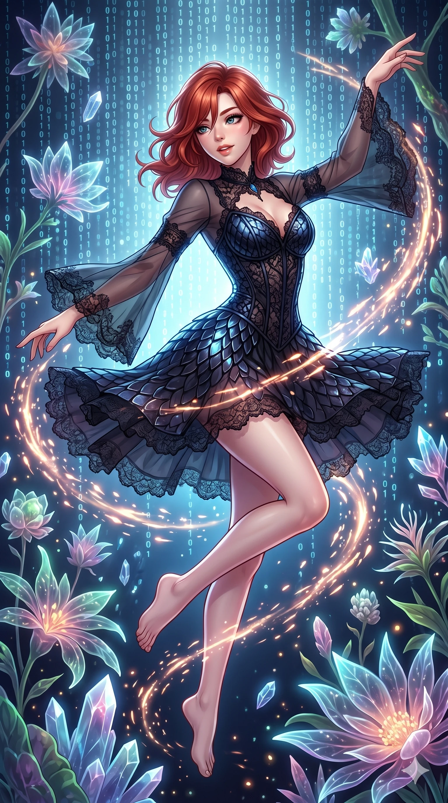score_9, masterpiece, best quality, ultra-detailed, Set A: High-budget Anime Keyframe, Japanese woman. Upper body close-up from the thighs up, character filling the screen for maximum presence. Dancing through a floating botanical garden, while a digital blizzard of 219 bits obscures the horizon and surrounded by glowing energy sparks. She has an absolutely perfect 8-heads proportion, an exceptionally tall and slender female figure with impossibly long slender legs and an ultra-slim waist. Sharp v-shaped jawline, high-bridge nose, intricate jewel-like eyes with depth, thick eyelashes, glossy lips with a natural sheen. Wearing Gothic lace corset mini-dress with sheer bell-sleeves and obsidian glass scales. Cinematic lighting, vibrant colors, dramatic shadows, 2k, ultra detail, master piece, 9:16 ratio