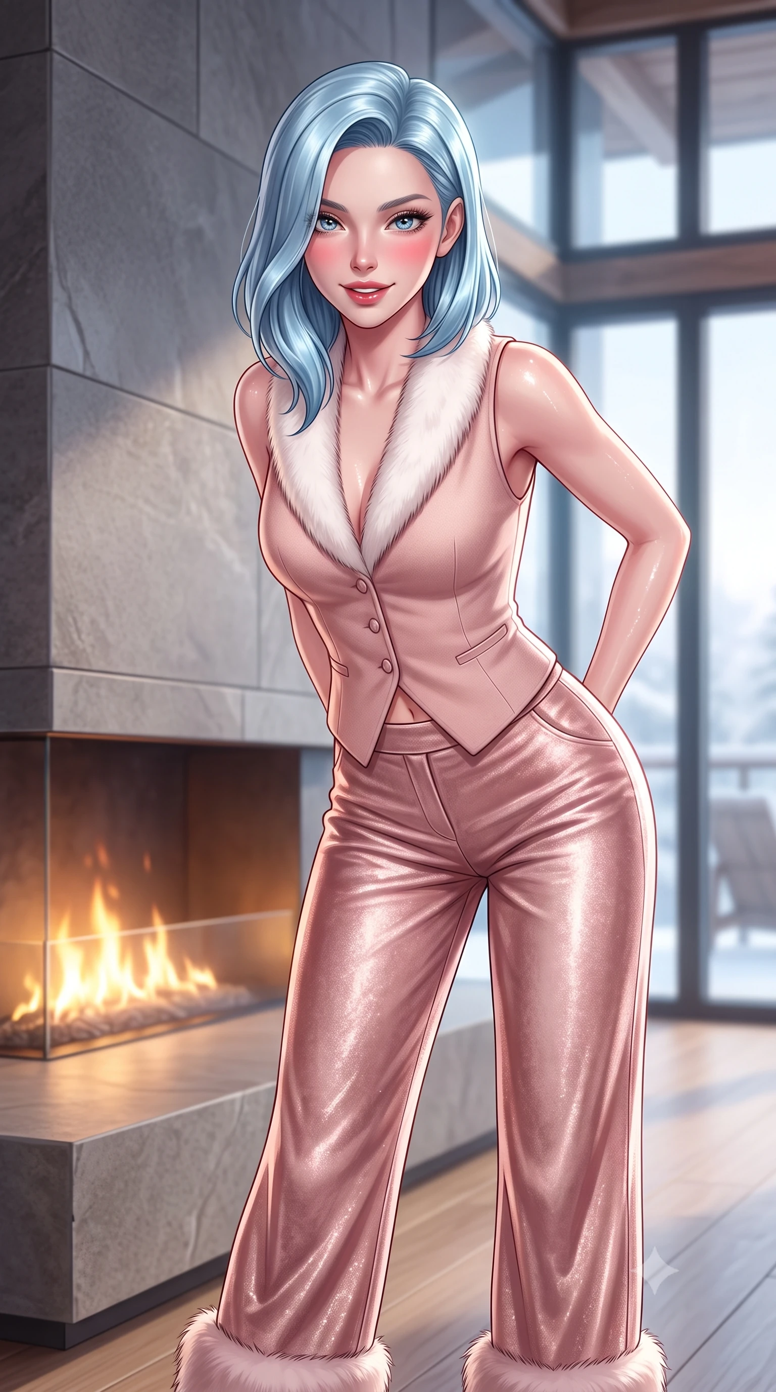 score_9, masterpiece, best quality, ultra-detailed, high-budget anime keyframe, semi-realistic 3D game render, editorial fashion photography, tasteful artistic composition, Korean woman. close-up cowboy shot from the waist and thighs up, the character dominates the composition, filling the frame with her large presence. resting both hands lightly behind her back while leaning toward the lens with a cheerful, teasing grin, her form-fitting knit hugging her narrow waist and feminine hip curve while twisting her slender torso in an alluring contrapposto stance beside minimalist stone fireplaces, her sleek resort wear tracing her hourglass curves. The surrounding environment is rendered in vivid detail and crisp panoramic clarity. detailed resort swimwear texture, glistening moisture on glowing skin, and world-class alpine lodge architecture in high resolution. She has an exceptionally elegant, slender, and willowy female figure with an ultra-slim waist, flat toned midriff, narrow ribcage, and sculpted feminine hips creating an alluring, slim hourglass silhouette without bulk. sharp v-shaped jawline, high-bridge nose, sparkling ice-crystal eyes with depth, frosty thick lashes, glossy parted lips with a rosy berry sheen, bright playful smile with an intoxicating seductive glint, rosy flushed cheeks radiating cozy warmth and dangerous allure, flawlessly proportioned anatomical accuracy, strict slender model proportions, natural body alignment, perfectly sculpted long slender limbs, ultra-slim waistline, clean dynamic posture without body distortion. wearing a tailored cashmere vest worn closed against bare skin with high-waisted wide-leg wool trousers in soft blush pink and rose-gold metallic shimmer, crafted from sumptuous crushed winter velvet with deep light-absorbing plushness, finished with plush white faux-fur edging along the cuffs and collar, the form-contouring cut accentuating her sculpted flat midriff, narrow delicate ribcage, and gracefully curvy hips with alpine supermodel elegance. bathed in warm ambient linear fireplace glows and soft winter daylight filtering through grand glass walls. highly saturated vibrant anime colors, detailed shading with soft gradients, rich glossy textures, high-contrast stereoscopic depth, volumetric dynamic lighting, master piece, 9:16 ratio