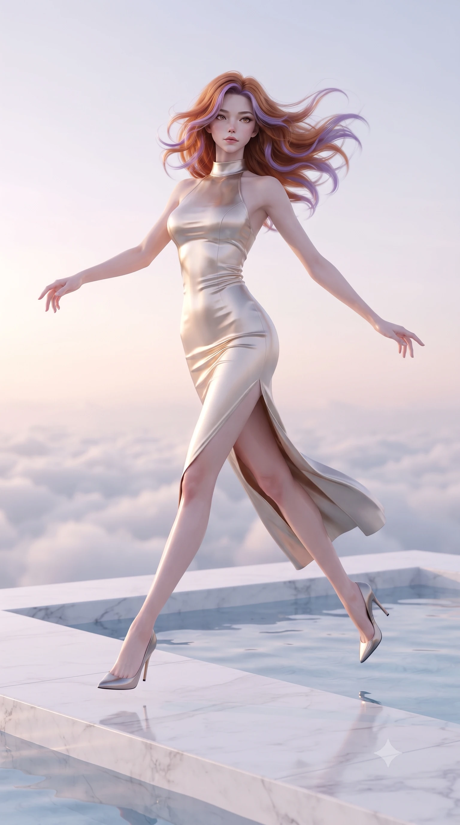 score_9, masterpiece, best quality, ultra-detailed, high-budget anime keyframe, editorial fashion photography, tasteful artistic composition, Caucasian woman woman. low angle full-body shot from head to toe showing her feet, filling the entire 9:16 vertical frame with her statuesque presence, stretching her vertical silhouette. She has an absolutely perfect, statuesque 8.5-heads proportion, an exceptionally tall and slender model-like female figure with impossibly long slender legs and an ultra-slim waist. leaping inside the glowing space with athletic poise, her hair swirling in a dynamic wind vortex, flawlessly proportioned anatomical accuracy, natural body alignment, perfectly sculpted elegant limbs, clean dynamic posture without body distortion. set against a soft-focus background of a white marble terrace pool above a sea of clouds. wearing a sculpted champagne satin bodycon gown following her slender silhouette like liquid metal. bathed in soft pastel dawn light reflecting off clear water onto her refined features. ultra-reflective glossy finish, specular highlights, metallic sheen, high-contrast stereoscopic depth, volumetric dynamic lighting, 2k, ultra detail, master piece, 9:16 ratio