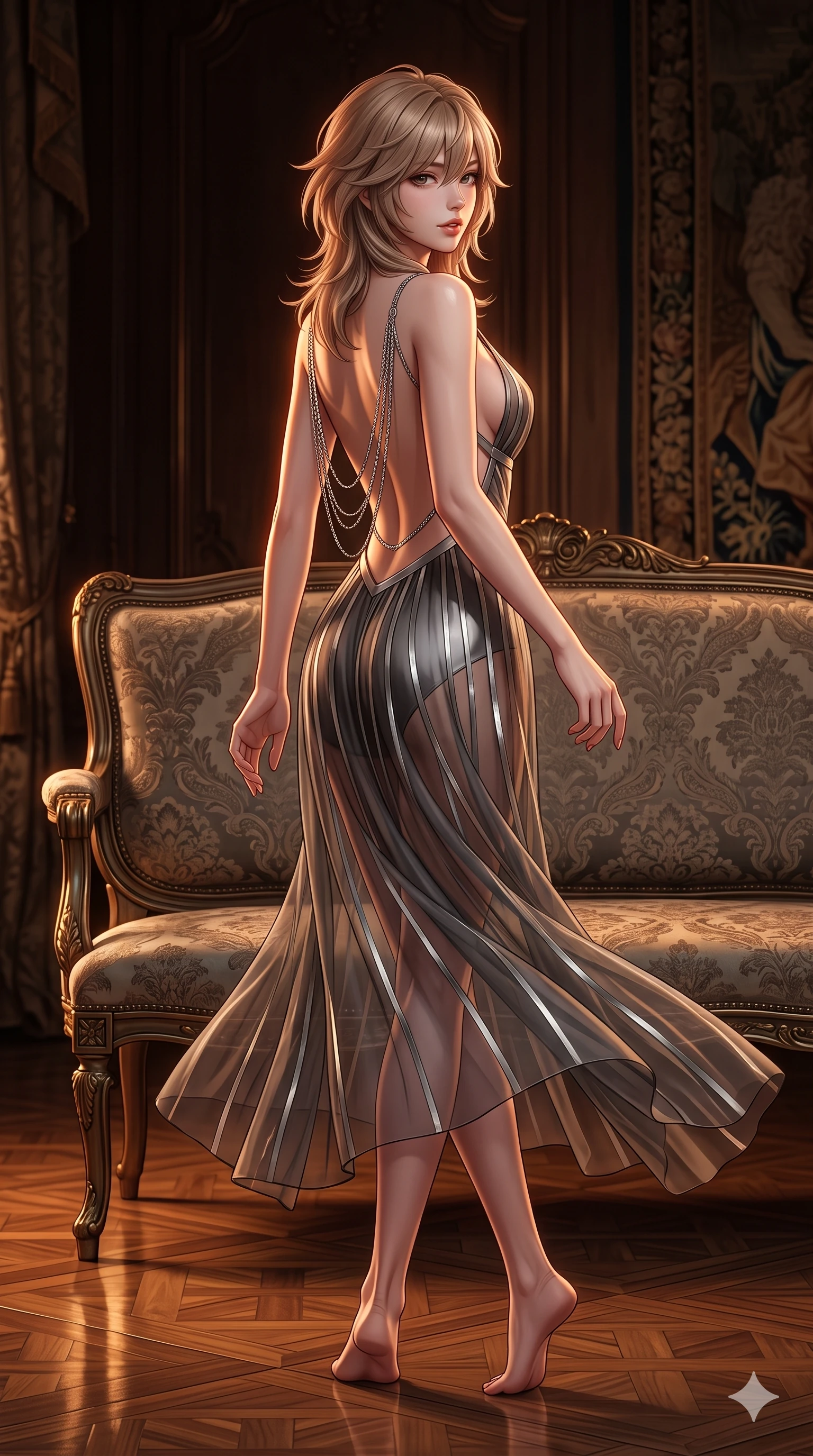score_9, masterpiece, best quality, ultra-detailed, high-budget anime keyframe, semi-realistic 3D game render, editorial fashion photography, tasteful artistic composition, Japanese woman. low angle full-body shot from head to toe showing her feet, filling the entire 9:16 vertical frame with her statuesque presence, stretching her vertical silhouette. executing a slow, graceful pivot turn as her silk wrap skirt sways around her slender legs, glancing back with an enchanting, teasing sensual expression while twisting her slender torso in an alluring contrapposto stance beside the settee, antique silk embroidery reflections tracing her narrow waist and curvy hips. The surrounding environment is rendered in vivid detail and crisp panoramic clarity: sharp damask fabric weave texture, aged bronze patina on settee legs, and fine tapestry thread details in deep focus. She has an exceptionally tall and slender model-like 8.5-heads proportion, an ultra-slim waist, a flat toned midriff, narrow delicate ribcage, and beautifully sculpted feminine hips creating a graceful, slim hourglass silhouette without any bulky heaviness, with impossibly long slender legs. sharp v-shaped jawline, high-bridge nose, intricate jewel-like sparkling eyes with depth, thick eyelashes, glossy parted lips with a natural sheen, intensely captivating and seductive bedroom-eyes expression, exuding both youthful cute charm and sovereign luxury allure, flawlessly proportioned anatomical accuracy, strict slender model proportions, natural body alignment, perfectly sculpted long slender limbs, ultra-slim waistline, clean dynamic posture without body distortion. wearing a plunge-front sheer illusion tulle slip dress with liquid platinum ribbon stripes hugging her curves in charcoal grey and polished chrome, tailored from smooth liquid silk satin that clings smoothly to her narrow waist and rounded hips with a dewy sheen, accented with an open-back drape framed by falling strands of delicate chrome chains, the precision-cut side openings and low-back scoop framing her graceful spine and the sensual sweep of her slim, toned hips. illuminated by polished parquet bounce and sharp bronze-amber rim lights sculpting her razor-sharp jawline, narrow waist, and curvy hips. highly saturated vibrant anime colors, detailed shading with soft gradients, rich glossy textures, high-contrast stereoscopic depth, volumetric dynamic lighting, master piece, 9:16 ratio