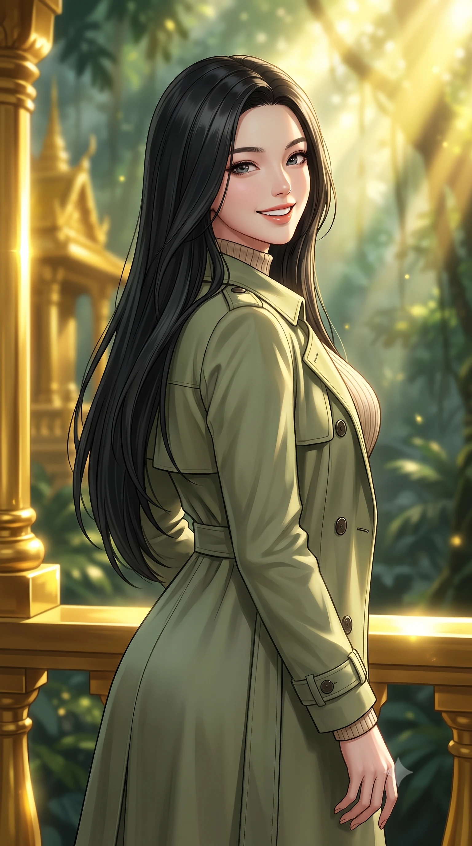 score_9, masterpiece, best quality, ultra-detailed, high-budget anime keyframe, editorial fashion photography, tasteful artistic composition, Korean woman. close-up cowboy shot from the waist and thighs up, the character dominates the composition, filling the frame with her large presence, background elements kept in soft focus. Looking over her shoulder with a bright, welcoming smile and happy eyes. set against a soft-focus background of standing on a balcony of a temple constructed from solid, highly polished gold hidden deep within a misty green tropical jungle, reflecting bright sun rays off the golden surfaces. She has an exceptionally elegant, slender, and willowy female figure with a highly-defined ultra-slim waist, a gracefully sculpted slender torso, and a refined slim-fit silhouette that contours her form. sharp v-shaped jawline, high-bridge nose, intricate jewel-like eyes with depth, thick eyelashes, glossy lips with a natural sheen. wearing a structured double-breasted trench in soft olive green over a beige ribbed knit mock-neck top. intense golden solar beams piercing through the jungle canopy, casting bright metallic specular highlights on the gold structures. 2k, ultra detail, master piece, 9:16 ratio