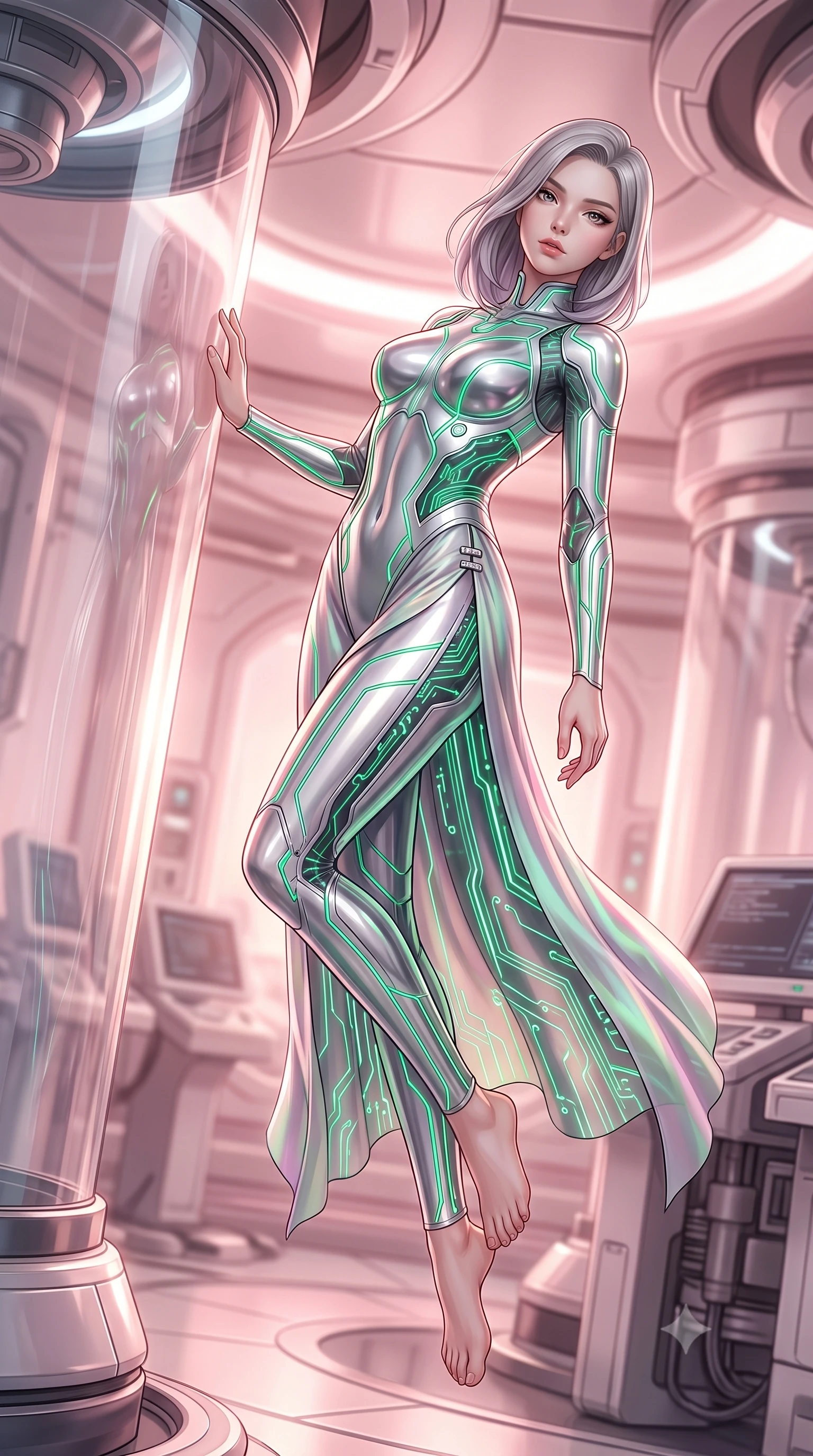 score_9, masterpiece, best quality, ultra-detailed, high-budget anime keyframe, semi-realistic 3D game render, editorial fashion photography, tasteful artistic composition, Caucasian woman. low angle full-body shot from head to toe showing her feet, filling the entire 9:16 vertical frame with her statuesque presence, stretching her vertical silhouette. arching her spine in a fluid zero-gravity turn with sovereign grace, her long slender legs and sculpted torso creating a sweeping line while resting one hand on the polished crystal glass with a serene, newly-awakened goddess gaze looking directly into the camera. The composition keeps background elements in soft focus with creamy bokeh. curved crystal incubator cylinders and medical stasis architecture softened in dreamy shallow depth of field. She has an absolutely perfect, statuesque 8.5-heads proportion, an exceptionally tall and slender model-like female figure with impossibly long slender legs, a toned flat midriff, and an ultra-slim waist. sharp v-shaped jawline, high-bridge nose, intricate jewel-like eyes with depth, thick eyelashes, glossy lips with a natural sheen, flawlessly proportioned anatomical accuracy, strict slender model proportions, natural body alignment, perfectly sculpted long slender limbs, ultra-slim waistline, clean dynamic posture without body distortion. wearing an aerodynamic sculpted liquid-chrome bodysuit with glowing neon fiber-optic circuitry and an elegant high-fashion cut in radiant emerald green circuit lines and polished silver sheen, made of smooth flowing silk chiffon that shifts colors with movement, finished with an ultra-high side slit secured by miniature magnetic clasps, the liquid-tight tailored fabric emphasizing every curve of her tall, slender model proportions and sculptured silhouette during dynamic movement. bathed in soft glowing rose-gold and pink nanotech ambient radiance with pure white key lighting. rich saturated anime colors with glowing neon highlights, detailed shading with soft gradients, rich glossy textures, high-contrast stereoscopic depth, volumetric dynamic lighting, master piece, 9:16 ratio