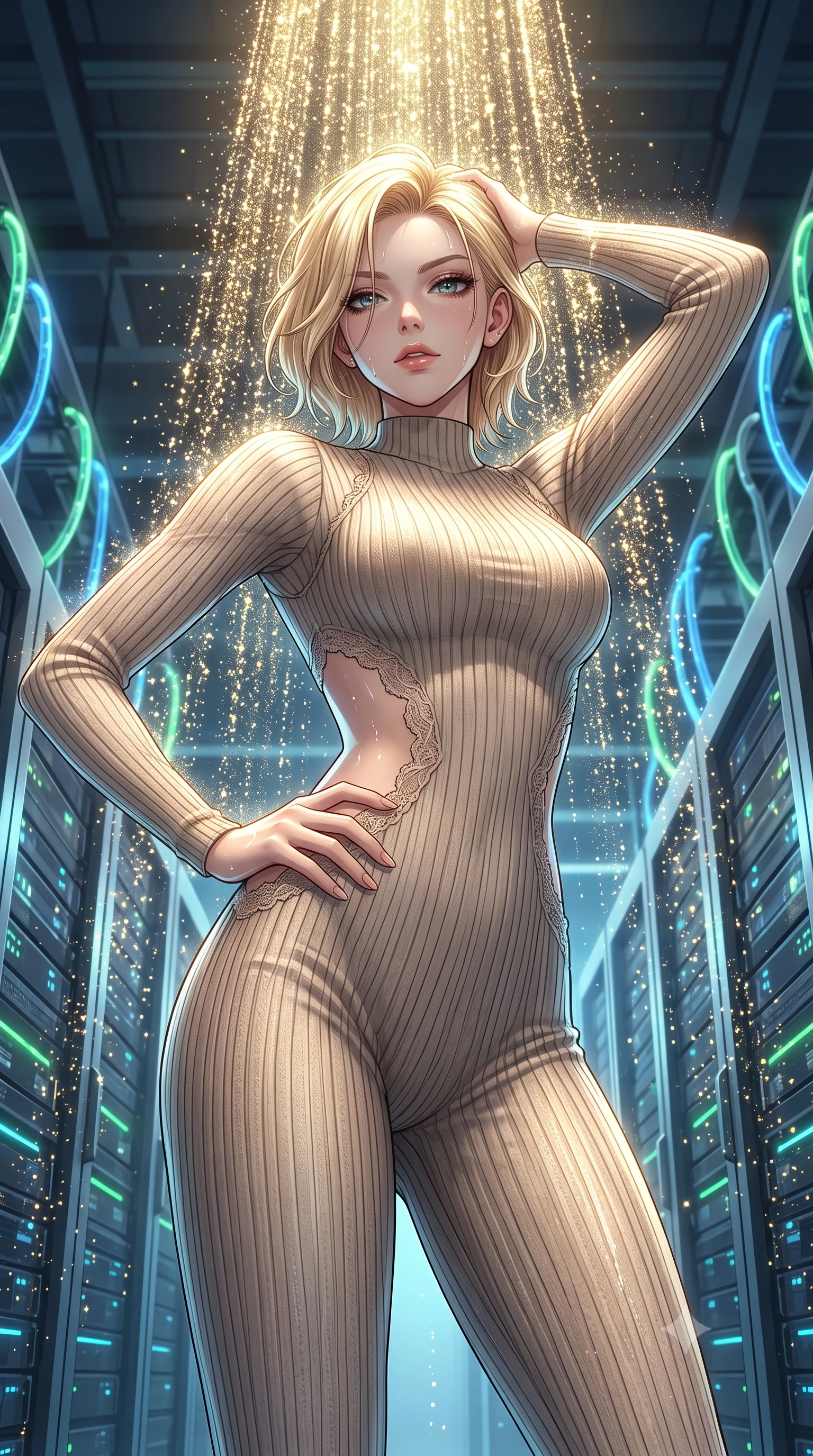 score_9, masterpiece, best quality, ultra-detailed, High-budget Anime Keyframe, Caucasian woman, strictly human ears. Low angle cowboy shot filling the entire 9:16 frame with her statuesque presence. Scenario 335: showering under a cascade of glittering gold stardust inside a high-tech laboratory with rows of water-cooled server racks. Her presence is magnetic and overpowering in this high-budget anime scene. Outfit 335: a tailored ribbed bodycon knit second with a strategic side cut-outs and delicate lace embroidery. The clothing is designed to emphasize her exceptionally tall and slender 8-heads proportion. 8-heads proportion, towering silhouette, ultra-slim waist. sharp v-shaped jawline, intricate jewel-like eyes with depth, thick eyelashes, glossy lips. 2k, ultra detail, master piece, 9:16 ratio