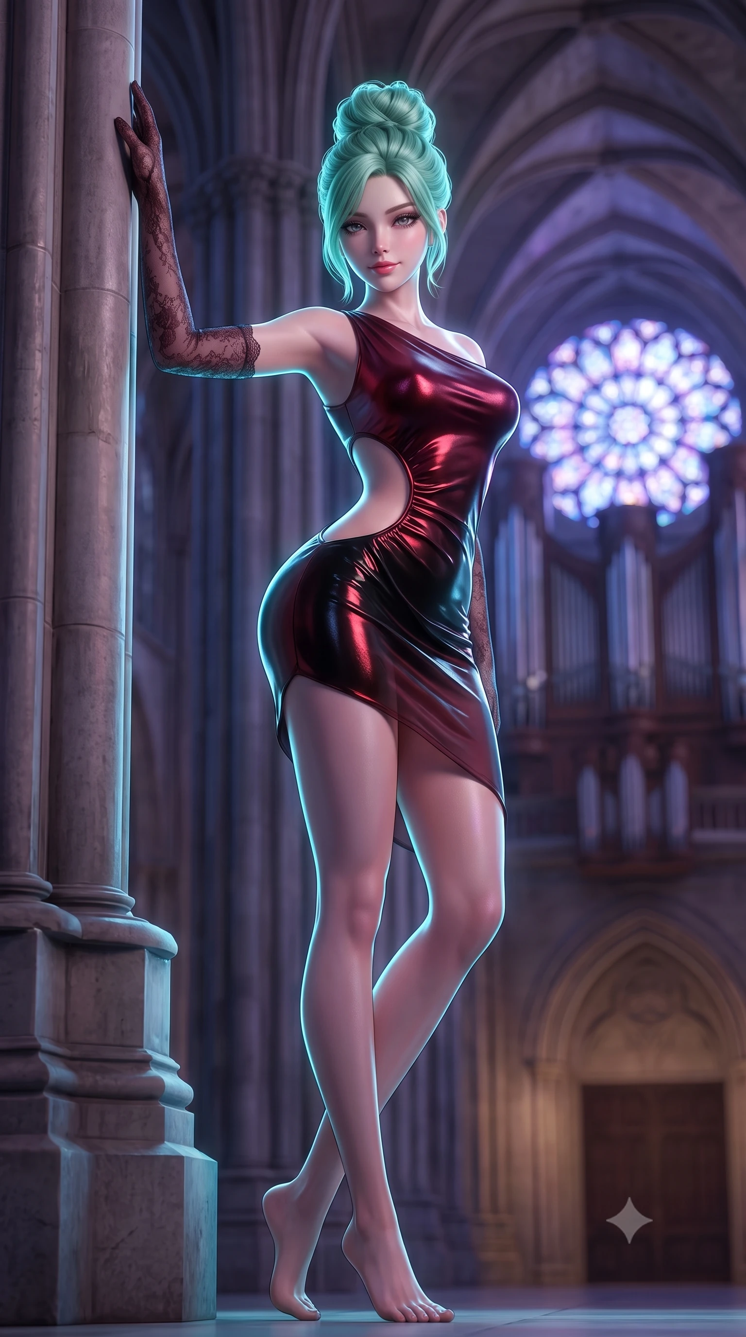 score_9, masterpiece, best quality, ultra-detailed, high-budget anime keyframe, semi-realistic 3D game render, editorial fashion photography, tasteful artistic composition, Japanese woman. low angle full-body shot from head to toe showing her feet, filling the entire 9:16 vertical frame with her statuesque presence, stretching her vertical silhouette. standing tall beside the architectural column, one hand resting high while arching her lower back to emphasize her sculpted feminine hips and slender waist while twisting her slender torso in an alluring contrapposto stance, multicolored moonlight from the giant rose window tracing her hourglass curves. The background shows a soft-focus colossal towering organ pipes, soaring ribbed vault ceilings, and the glowing circular rose window blurred into cobalt, violet, and silver bokeh. She has an absolutely perfect, statuesque 8.5-heads proportion, an exceptionally tall and slender model-like female figure with impossibly long slender legs, an ultra-slim waist, a flat toned midriff, narrow delicate ribcage, and beautifully sculpted feminine hips creating a graceful, slim hourglass silhouette without any bulky heaviness. sharp v-shaped jawline, high-bridge nose, sparkling eyes with hypnotic seductive depth, thick curled eyelashes, glossy parted lips with a natural dewy peach sheen, alluring bedroom-eyes with an enchanting coquettish smile, exuding magnetic siren charisma and sophisticated glamour, flawlessly proportioned anatomical accuracy, strict slender model proportions, natural body alignment, perfectly sculpted long slender limbs, ultra-slim waistline, clean dynamic posture without body distortion. wearing an asymmetric one-shoulder metallic bordeaux mini dress with a dramatic side cutout hugging her waist and hips in wet-look onyx black with crimson specular reflections, made of sheer gossamer chiffon that drapes softly against skin with airy translucence, complemented by sheer opera-length lace evening gloves tracing her slender arms, the liquid-tight tailored fabric clinging flawlessly to her narrow waist and rounded feminine hips, emphasizing every millimeter of her sculpted slim hourglass curves without any bulky heaviness. illuminated by tin pipe specular reflections and sharp electric-cyan rim lights sculpting her jawline, narrow waist, and curvy hips. highly saturated vibrant anime colors, detailed shading with soft gradients, rich glossy textures, high-contrast stereoscopic depth, volumetric dynamic lighting, master piece, 9:16 ratio
