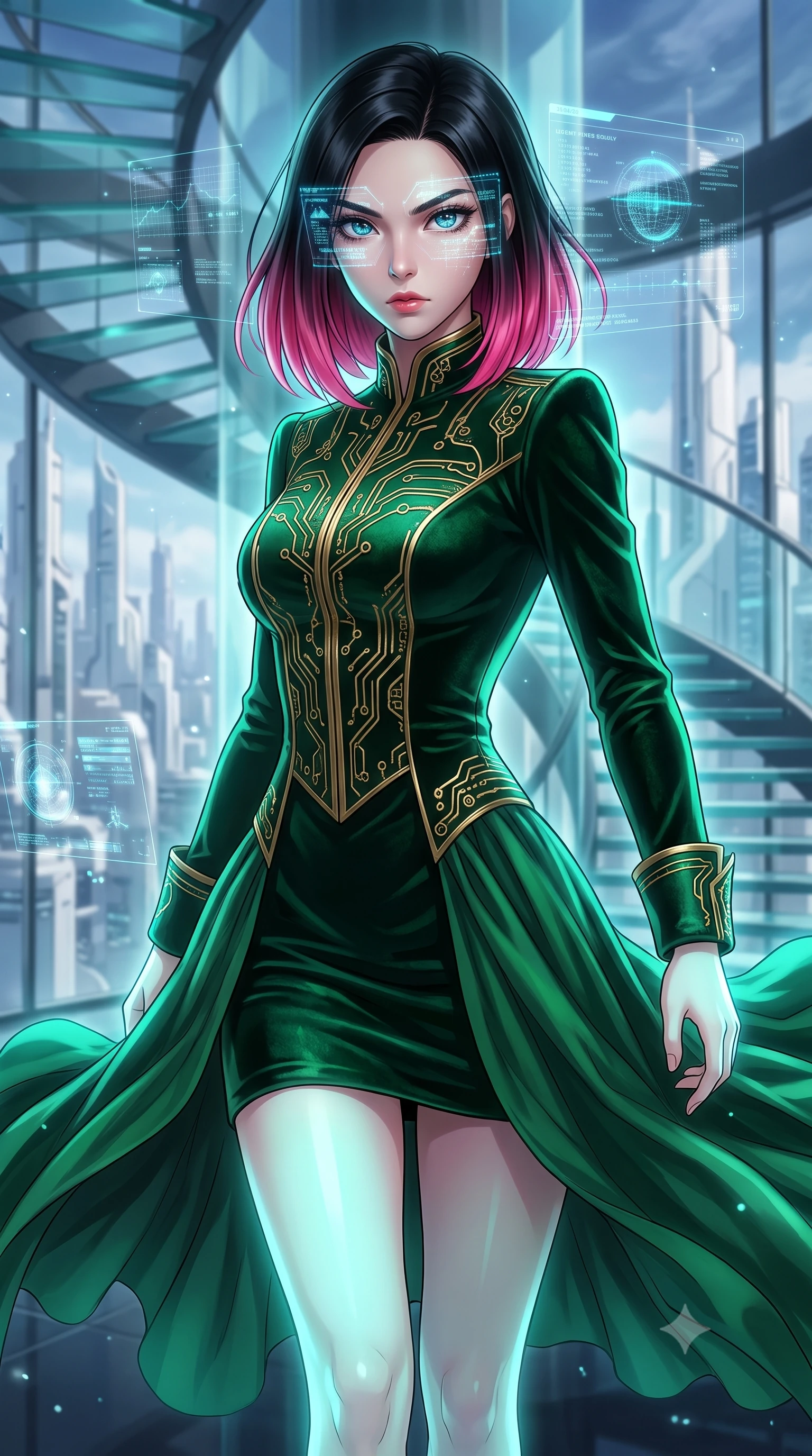 score_9, masterpiece, best quality, ultra-detailed, high-budget anime keyframe, editorial fashion photography, tasteful artistic composition, Korean woman. close-up cowboy shot from the waist and thighs up, the character dominates the composition, filling the frame with her large presence, background elements kept in soft focus. Scanning the digital tactical security grid with a fierce focused gaze, hologram overlays reflecting in her eyes. set against a soft-focus background of a spiral staircase inside a glass tower, looking out at a highly advanced white-towered metropolis. She has an exceptionally elegant and slender, willowy female figure with an ultra-slim waist, a gracefully sculpted slender torso, and a refined slim physique. sharp v-shaped jawline, high-bridge nose, intricate jewel-like eyes with depth, thick eyelashes, glossy lips with a natural sheen. wearing the lightweight fabric rippling and billowing dramatically with her movement, a body-hugging tailored cyber-noble coat dress in emerald green velvet with gold-embroidered circuit patterns, featuring a high collar and structured cuffs. highly saturated vibrant anime colors, intense vivid color palette, soft 3D volumetric shading, volumetric dynamic lighting, soft aqua bioluminescent light making her skin luminously glow against darkness. 2k, ultra detail, master piece, 9:16 ratio