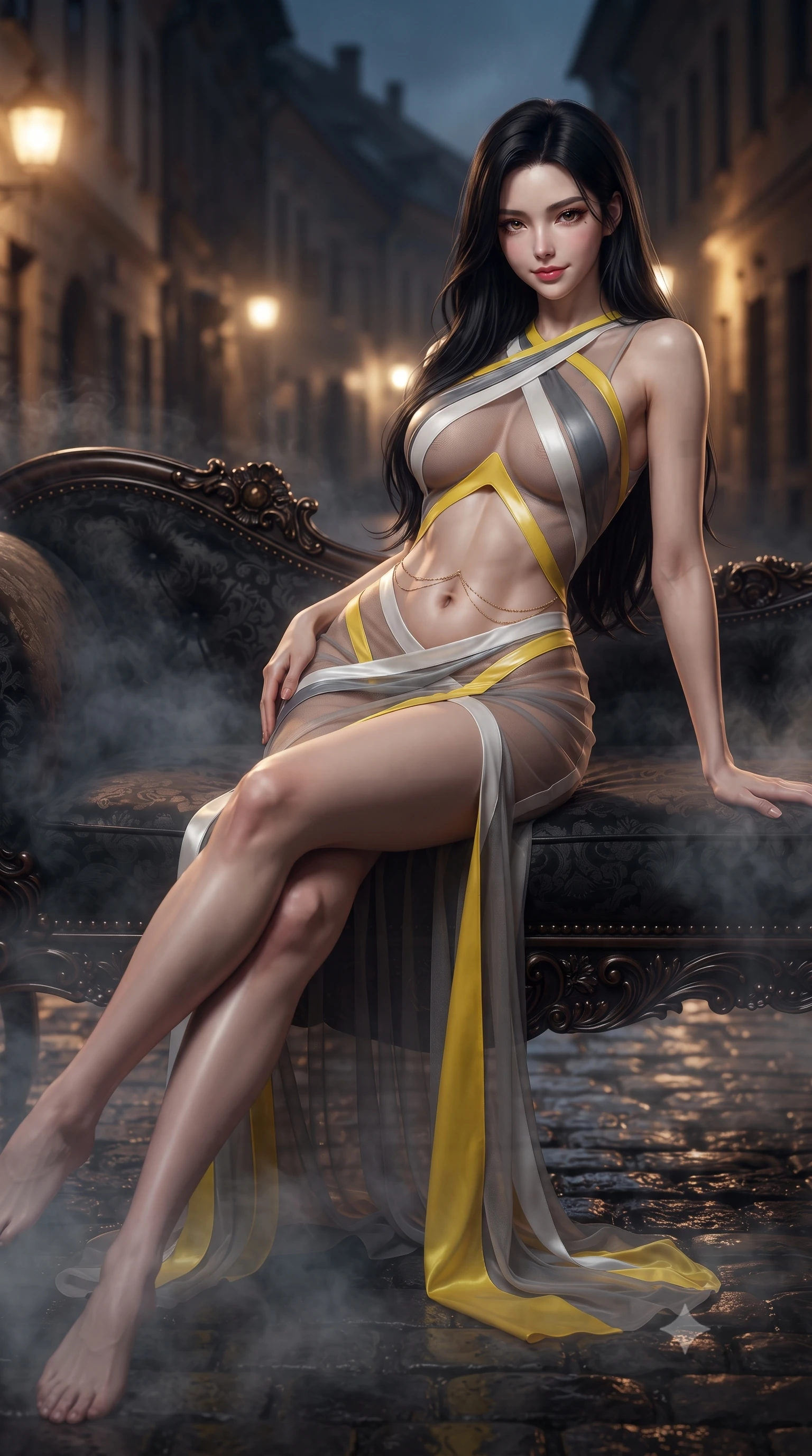 score_9, masterpiece, best quality, ultra-detailed, high-budget anime keyframe, editorial fashion photography, tasteful artistic composition, Korean woman. low angle full-body shot from head to toe showing her feet, filling the entire 9:16 vertical frame with her statuesque presence, stretching her vertical silhouette. lounging on the lavish daybed with legs crossed and hips angled toward the camera, displaying her toned midriff and long slender limbs with effortless siren poise while twisting her slender torso in an alluring contrapposto stance, night mist swirling around her long slender legs and curvy hips. The background shows a soft-focus wet cobblestone streets softened in historic Transylvanian night shallow focus. She has an absolutely perfect, statuesque 8.5-heads proportion, an exceptionally tall and slender model-like female figure with impossibly long slender legs, an ultra-slim waist, a flat toned midriff, narrow delicate ribcage, and beautifully sculpted feminine hips creating a graceful, slim hourglass silhouette without any bulky heaviness. sharp v-shaped jawline, high-bridge nose, sparkling eyes with hypnotic seductive depth, thick curled eyelashes, glossy parted lips with a natural dewy peach sheen, alluring bedroom-eyes with an enchanting coquettish smile, exuding magnetic siren charisma and sophisticated glamour, flawlessly proportioned anatomical accuracy, strict slender model proportions, natural body alignment, perfectly sculpted long slender limbs, ultra-slim waistline, clean dynamic posture without body distortion. wearing a provocative sheer illusion mesh vampire gown with liquid satin ribbons contouring her hourglass curves in Bauhaus optic white and concrete grey with primary yellow accents, woven from buttery-soft stretch lambskin leather adhering to her body like a second skin, accented with a dainty gold belly chain resting across her flat midriff and curving hips, the second-skin tailored fabric adhering flawlessly to her sculpted flat midriff and slender torso, emphasizing her long leg lines and perfectly proportioned willowy build. illuminated by wet cobblestone puddle bounce and sharp warm-gold rim lights sculpting her razor-sharp jawline, narrow waist, and curvy hips. ultra-reflective glossy finish, specular highlights, rich textural contrasts, high-contrast stereoscopic depth, volumetric dynamic lighting, 2k, ultra detail, master piece, 9:16 ratio