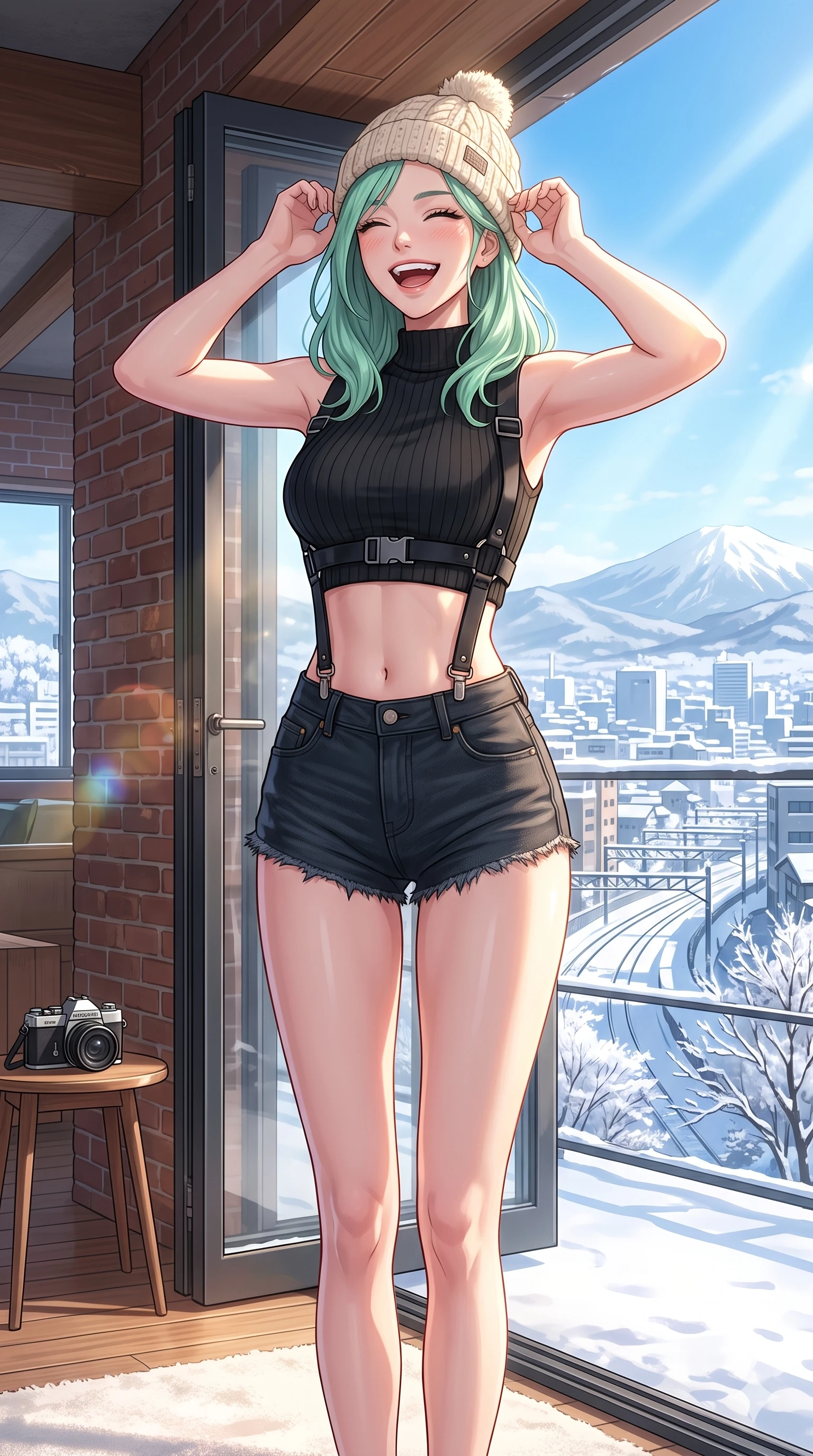 score_9, masterpiece, best quality, ultra-detailed, high-budget anime keyframe, vibrant anime aesthetic, Japanese woman. cowboy shot from the thighs up, character and outfit filling the frame for maximum presence. She is laughing cheerfully while adjusting her knit hat in the bright afternoon winter sun inside a loft apartment overlooking the snowy skyline (Code-P21-117). She has an absolutely perfect 8-heads proportion, an exceptionally tall and slender female figure with impossibly long slender legs and an ultra-slim waist. V-shaped jawline, high-bridge nose, intricate jewel-like eyes with depth, thick eyelashes, glossy lips with a natural sheen. wearing a harness over crop top exposing bare midriff and micro-shorts in winter. She is bright winter sunbeams casting soft highlights on her athletic form at the terrace. 2k, ultra detail, master piece, 9:16 ratio