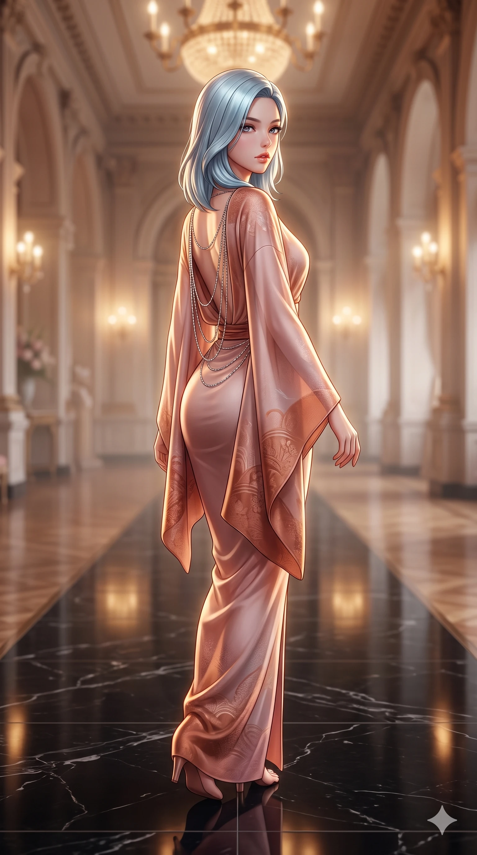 score_9, masterpiece, best quality, ultra-detailed, high-budget anime keyframe, semi-realistic 3D game render, editorial fashion photography, tasteful artistic composition, Korean woman. close-up cowboy shot from the waist and thighs up, the character dominates the composition, filling the frame with her large presence. perched sideways on the vintage settee, one knee drawn up to showcase her slender leg line while her arched back accentuates her feminine hip curve while walking slowly down the polished black marble ballroom aisle with hypnotic grace, hips swaying in an alluring sensual rhythm that accentuates her curvy hourglass silhouette. The background shows a soft-focus grand ballroom champagne haze softened in historic Bund loggia shallow focus. She has an exceptionally elegant, slender, and willowy female figure with an ultra-slim waist, flat toned midriff, narrow ribcage, and sculpted feminine hips creating an alluring, slim hourglass silhouette without bulk. sharp v-shaped jawline, high-bridge nose, intricate jewel-like sparkling eyes with depth, thick eyelashes, glossy parted lips with a natural sheen, intensely captivating and seductive bedroom-eyes expression, exuding both youthful cute charm and sovereign luxury allure, flawlessly proportioned anatomical accuracy, strict slender model proportions, natural body alignment, perfectly sculpted long slender limbs, ultra-slim waistline, clean dynamic posture without body distortion. wearing a delicate semi-translucent silk yukata that clings to her wet skin and curvy hip contours in rose-quartz blush and burnished copper, crafted from bespoke double-faced cashmere with an exceptionally soft tactile finish, accented with an open-back drape framed by falling strands of delicate chrome chains, the form-contouring cut accentuating her sculpted flat midriff, narrow delicate ribcage, and gracefully curvy hips with intoxicating allure. illuminated by black marble floor reflections and sharp gold-amber rim lights sculpting her razor-sharp jawline, narrow waist, and curvy hips. highly saturated vibrant anime colors, detailed shading with soft gradients, rich glossy textures, high-contrast stereoscopic depth, volumetric dynamic lighting, master piece, 9:16 ratio