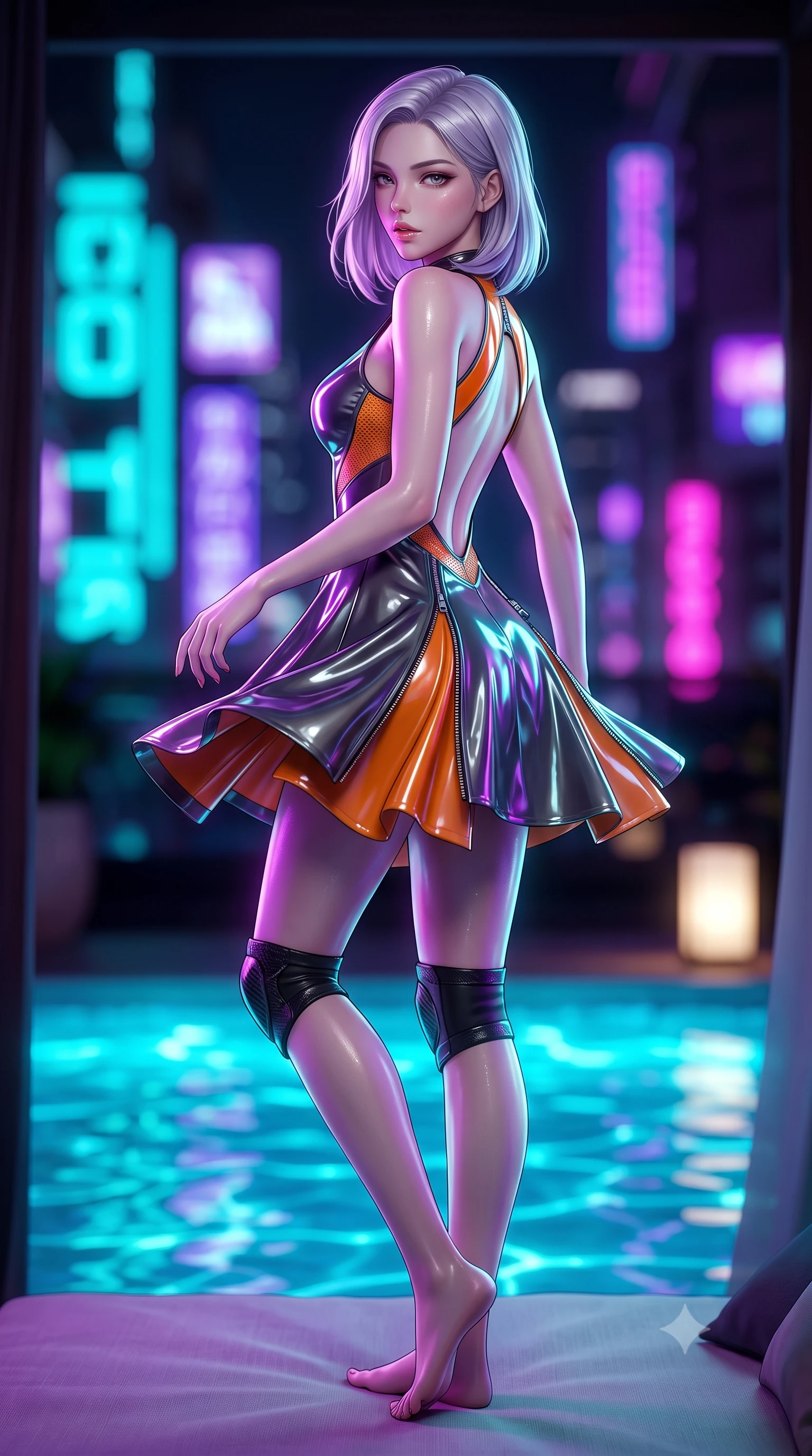 score_9, masterpiece, best quality, ultra-detailed, high-budget anime keyframe, semi-realistic 3D game render, editorial fashion photography, tasteful artistic composition, Caucasian woman. low angle full-body shot from head to toe showing her feet, filling the entire 9:16 vertical frame with her statuesque presence, stretching her vertical silhouette. executing an elegant mid-motion pivot turn as garments swirl around her slender limbs, glancing over her shoulder with an intoxicating bedroom-gaze while lounging in a private VIP cabana bed propped on one hip, parted lips glistening as purple and cyan neon reflections wash over her body. The composition keeps background elements in soft focus with creamy bokeh. bioluminescent pool water ripples and neon city rooftop signs blurred into electric turquoise, violet, and hot magenta bokeh. She has an absolutely perfect, statuesque 8.5-heads proportion, an exceptionally tall and slender model-like female figure with impossibly long slender legs, a toned flat midriff, an ultra-slim waist, and beautifully sculpted feminine hips. sharp v-shaped jawline, high-bridge nose, intricate jewel-like eyes with depth, thick eyelashes, glossy parted lips with a natural sheen, intensely captivating and seductive bedroom-eyes expression, flawlessly proportioned anatomical accuracy, strict slender model proportions, natural body alignment, perfectly sculpted long slender limbs, ultra-slim waistline, clean dynamic posture without body distortion. wearing a high-gloss vinyl mini dress with an open back and zipper detailing tracing the hip curve in metallic gunmetal and laser orange, made of breathable technical athletic mesh and liquid-finish track nylon, accented with hanging industrial clip straps and carbon fiber knee sliders, the precision-cut side openings and low-back scoop framing her graceful spine and the sensual sweep of her hips. illuminated by wet specular bounce lights accentuating her feminine waist-to-hip hourglass contour. highly saturated vibrant anime colors, detailed shading with soft gradients, rich glossy textures, high-contrast stereoscopic depth, volumetric dynamic lighting, master piece, 9:16 ratio