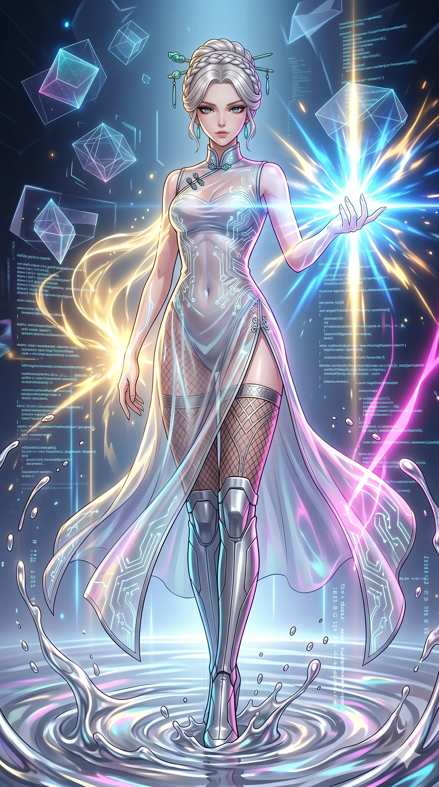 score_9, masterpiece, best quality, ultra-detailed, High-budget Anime Keyframe, vibrant colors, fluid line-art, expressive lighting, cinematic composition, Ufotable-style visual effects, top-tier animation quality, Japanese woman with delicate and elegant anime-inspired features. Dramatic low angle looking up at her majestic stature, dominating the vertical space of the composition. Emerging slowly from a pool of liquid silver, the metallic substance clinging to her skin before transforming into her outfit. She has an absolutely perfect 8-heads proportion, an exceptionally tall and slender female figure with impossibly long slender legs and an ultra-slim waist, her statuesque height and towering silhouette dominating the vertical 9:16 frame. Her face is a masterpiece featuring a sharp v-shaped jawline, high-bridge nose, intricate jewel-like eyes with depth, thick eyelashes, and glossy lips with a natural sheen. She is wearing a Cyberpunk neon-lit qipao with a dangerous high slit and intricate digital embroidery crafted from Sheer silk that is almost transparent, flowing like water around her statuesque frame, accompanied by sensual fishnet stockings and thigh-high metallic boots. The scene is set in an abstract digital void with floating golden geometric shapes and rivers of flowing code, illuminated by intense energy flares from her powers illuminating the scene with brilliant light. 2k, ultra detail, master piece, 9:16 ratio