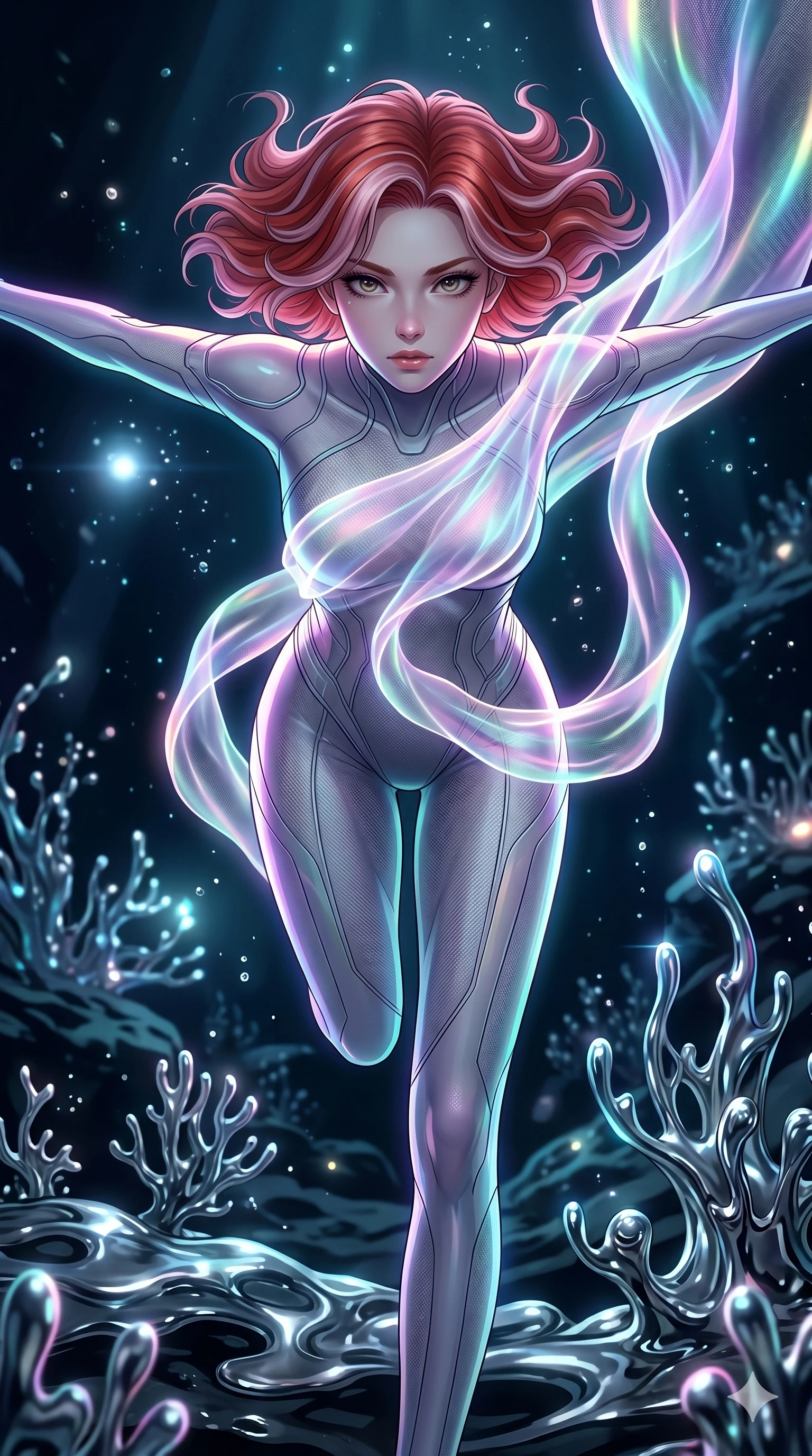score_9, masterpiece, best quality, ultra-detailed, high-budget anime keyframe, Caucasian woman, strictly human ears. upper body close-up from the thighs up, character filling the screen for maximum presence. diving through a bionic fluid mercury reef where self-replicating liquid chrome corals pulse under dark ocean water. She has an absolutely perfect 8-heads proportion, an exceptionally tall and slender female figure with impossibly long slender legs and an ultra-slim waist. V-shaped jawline, high-bridge nose, intricate jewel-like eyes with depth, thick eyelashes, glossy lips with a natural sheen.. wearing a cybernetic bodysuit with a holographic ribbon, featuring a skin-tight contouring bodysuit wrapped in a translucent flowing holographic organza ribbon. enhanced by a luminous pastel spectrum glow, casting elegant rim lights on her shoulders and jawline. 2k, ultra detail, master piece, 9:16 ratio