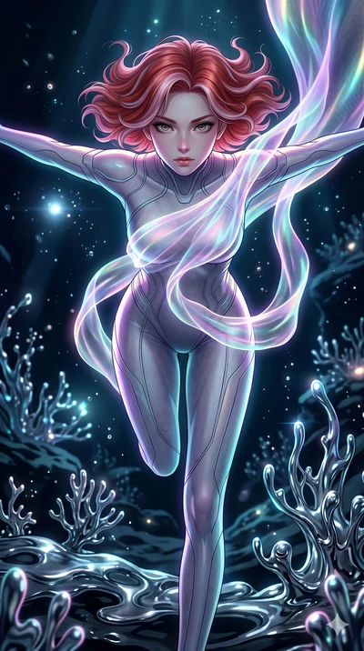 score_9, masterpiece, best quality, ultra-detailed, high-budget anime keyframe, Caucasian woman, strictly human ears. upper body close-up from the thighs up, character filling the screen for maximum presence. diving through a bionic fluid mercury ree