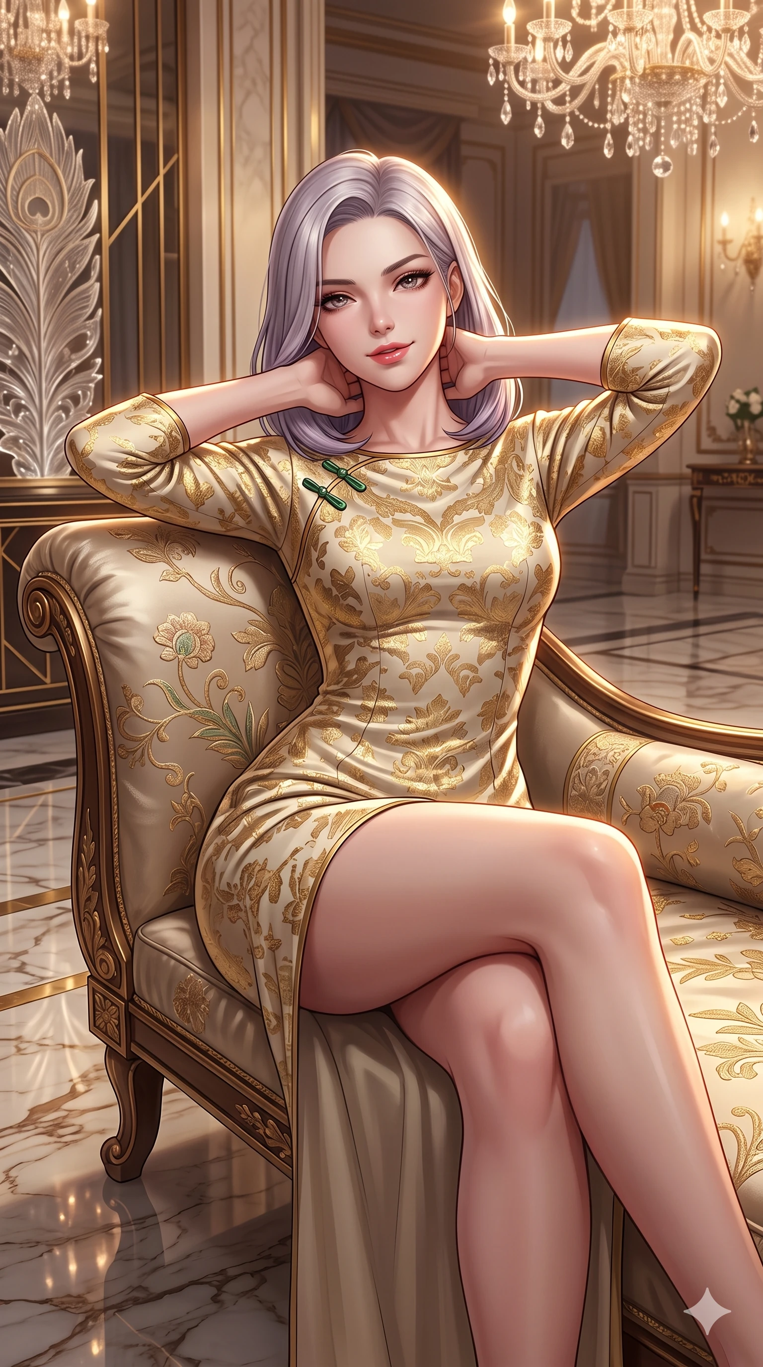 score_9, masterpiece, best quality, ultra-detailed, high-budget anime keyframe, semi-realistic 3D game render, editorial fashion photography, tasteful artistic composition, Caucasian woman. close-up cowboy shot from the waist and thighs up, the character dominates the composition, filling the frame with her large presence. resting both hands lightly behind her neck with elbows raised, arching her spine to highlight her narrow waist, flat midriff, and breathtaking collarbones while lounging in an embroidered silk divan propped on one elbow with legs crossed, flashing an intoxicating smile with parted glossy lips as crystal chandeliers sparkle. The surrounding environment is rendered in vivid detail and crisp panoramic clarity: sharp carved Lalique glass feather motifs, crisp brass inlay geometric lines, and polished marble floor vein patterns in deep focus. She has an exceptionally elegant, slender, and willowy female figure with an ultra-slim waist, flat toned midriff, narrow ribcage, and sculpted feminine hips creating an alluring, slim hourglass silhouette without bulk. sharp v-shaped jawline, high-bridge nose, intricate jewel-like sparkling eyes with depth, thick eyelashes, glossy parted lips with a natural sheen, intensely captivating and seductive bedroom-eyes expression, exuding both youthful cute charm and sovereign luxury allure, flawlessly proportioned anatomical accuracy, strict slender model proportions, natural body alignment, perfectly sculpted long slender limbs, ultra-slim waistline, clean dynamic posture without body distortion. wearing an aristocratic gold-leaf jacquard brocade shift dress with high boat neckline and bracelet sleeves in Istrian stone cream and antique gold-leaf, tailored from heavy double-faced silk georgette with an exceptionally fluid drape, finished with sleek jade frog closures glinting along her high collar, the impeccably tailored cut draping gracefully along her slender figure with aristocratic poise. illuminated by black marble floor reflections and sharp gold-amber rim lights sculpting her razor-sharp jawline, narrow waist, and curvy hips. highly saturated vibrant anime colors, detailed shading with soft gradients, rich glossy textures, high-contrast stereoscopic depth, volumetric dynamic lighting, master piece, 9:16 ratio
