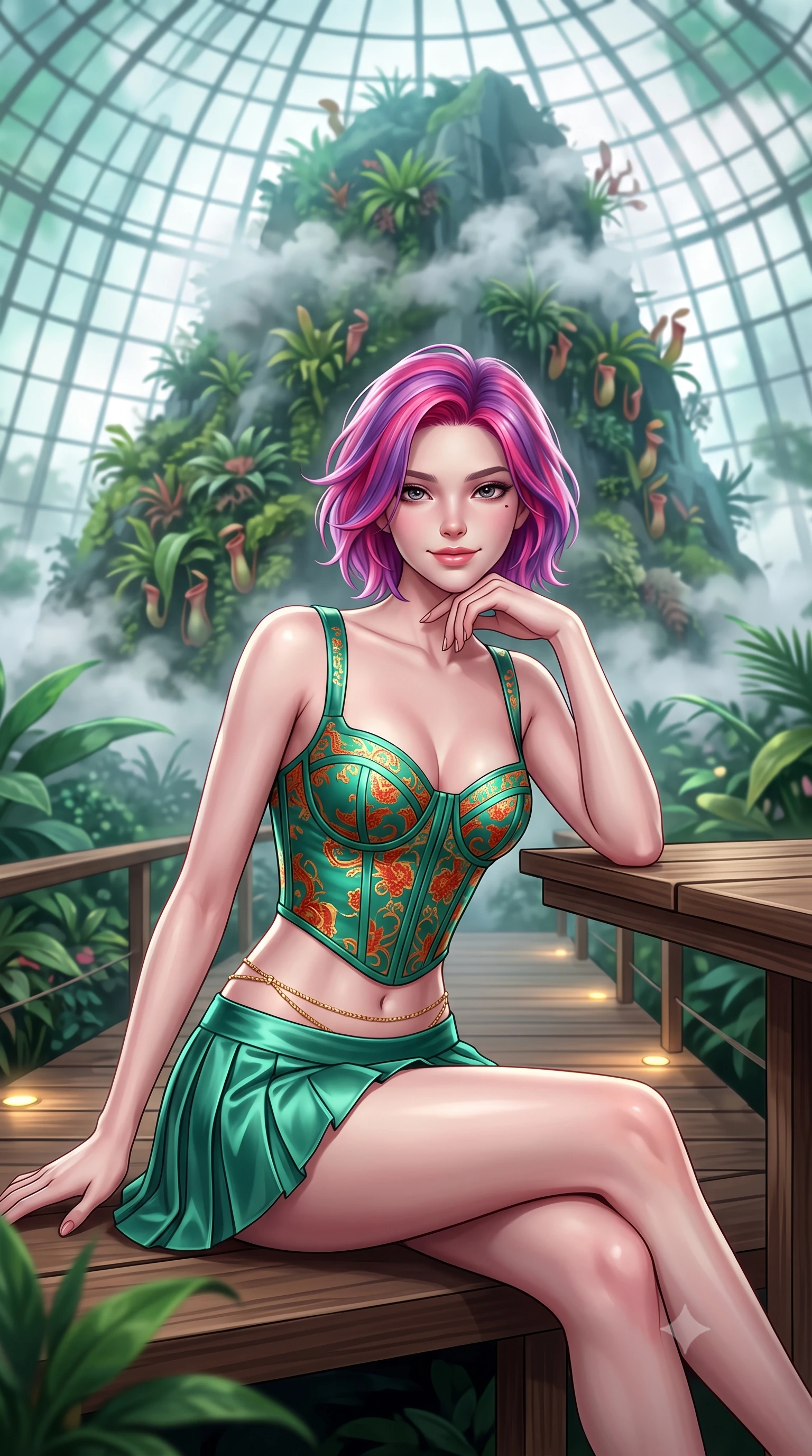 score_9, masterpiece, best quality, ultra-detailed, high-budget anime keyframe, semi-realistic 3D game render, editorial fashion photography, tasteful artistic composition, Caucasian woman. close-up cowboy shot from the waist and thighs up, the character dominates the composition, filling the frame with her large presence. resting one elbow on the table and supporting her chin, leaning close to the camera with heavy-lidded sparkling eyes and parted lips while sitting gracefully on the elevated timber rest platform with one knee bent and legs extended, flashing an enchanting, parted-lip smile toward the lens. The background shows a soft-focus towering 35-meter man-made mountain densely covered in tropical epiphytes and pitcher plants, swirling white cloud mist, and glass dome ribs blurred into jade, emerald, and silver bokeh. She has an exceptionally elegant, slender, and willowy female figure with an ultra-slim waist, flat toned midriff, narrow ribcage, and sculpted feminine hips creating an alluring, slim hourglass silhouette without bulk. sharp v-shaped jawline, high-bridge nose, intricate jewel-like sparkling eyes with depth, thick eyelashes, glossy parted lips with a natural peach sheen, bright cheerful beaming smile with an enchanting and coquettish sensual glint, exuding both youthful cute charm and seductive allure, flawlessly proportioned anatomical accuracy, strict slender model proportions, natural body alignment, perfectly sculpted long slender limbs, ultra-slim waistline, clean dynamic posture without body distortion. wearing a structured boned corset top paired with an ultra-short low-rise pleated micro mini skirt in Tanjong Pagar Peranakan jade green and gilded vermilion, crafted from fluid liquid silk satin that clings smoothly to her narrow waist and rounded hips with a dewy sheen, accented with a dainty gold belly chain resting across her flat midriff and curving hips, the glove-like clinging cut tightly following the natural contour of her hips and long slender legs with youthful 8.5-heads elegance. bathed in the cool 5000K daylight-white mist illumination mixed with warm 2700K pathway architectural spot LEDs. highly saturated vibrant anime colors, detailed shading with soft gradients, rich glossy textures, high-contrast stereoscopic depth, volumetric dynamic lighting, master piece, 9:16 ratio