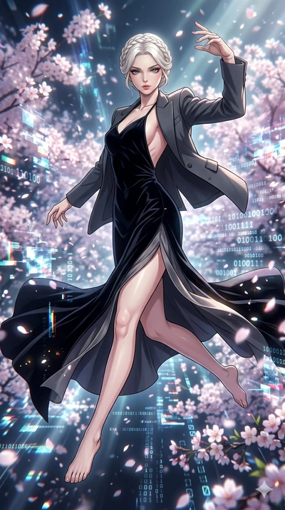 score_9, masterpiece, best quality, ultra-detailed, high-budget anime movie keyframe, cinematic anime lighting, intricate line art, Japanese woman. Mid-air action shot capturing a graceful twist and vertical silhouette. leaping through a blizzard of 