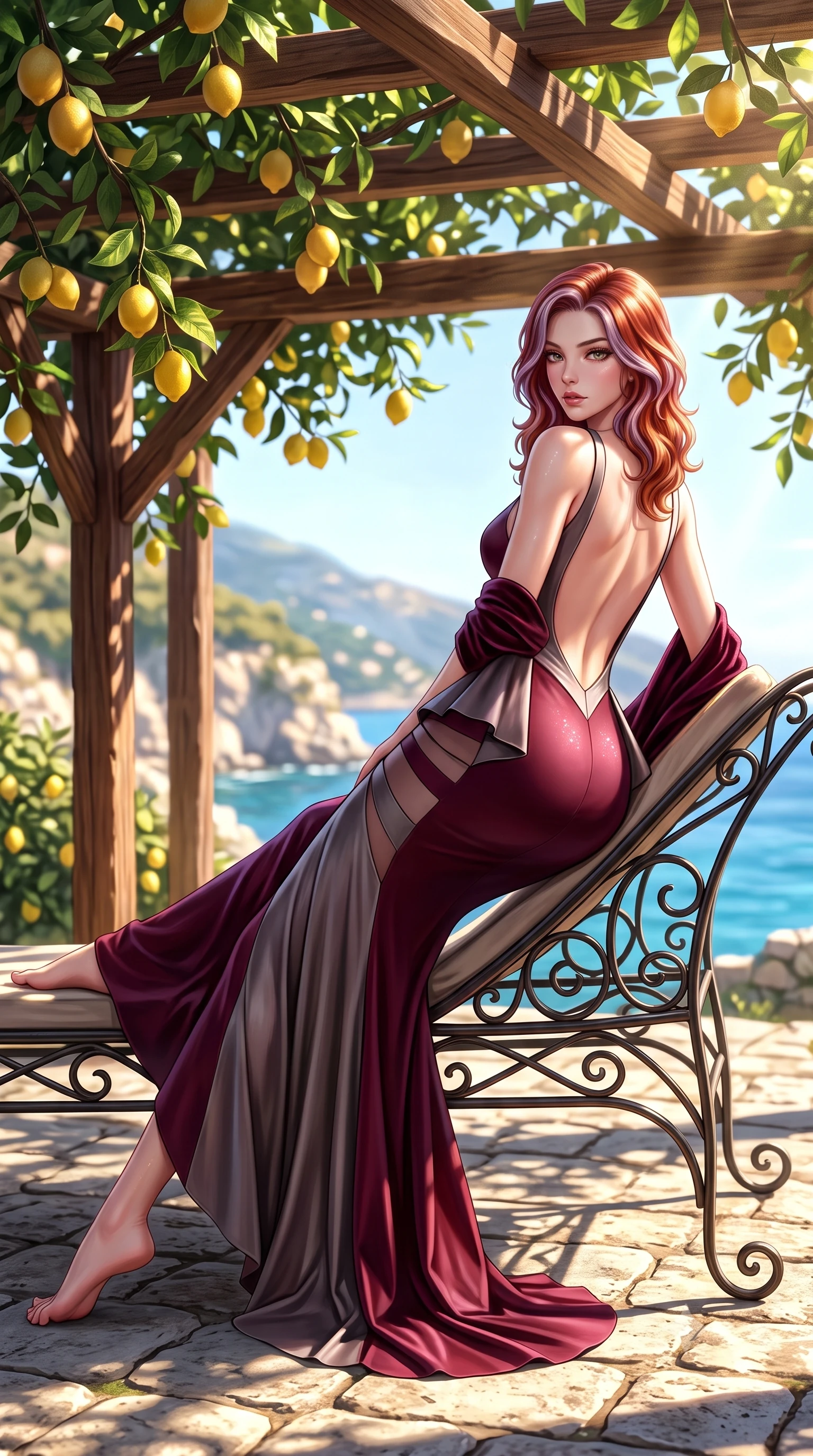 score_9, masterpiece, best quality, ultra-detailed, high-budget anime keyframe, semi-realistic 3D game render, editorial fashion photography, tasteful artistic composition, Caucasian woman. low angle full-body shot from head to toe showing her feet, filling the entire 9:16 vertical frame with her statuesque presence, stretching her vertical silhouette. posing with back turned slightly to the lens, glancing back with smoldering allure as she arches her lower back to emphasize her sculpted feminine hips and slender waist while reclining languidly across a wrought-iron sunbed under the leafy lemon canopy, her long slender legs and feminine curves bathed in dappled golden light. The surrounding environment is rendered in vivid detail and crisp panoramic clarity. sharp rustic chestnut wood pergola beams, rough limestone paving stones, and lemon rind texture in deep focus. She has an exceptionally tall and slender model-like 8.5-heads proportion, an ultra-slim waist, a flat toned midriff, narrow delicate ribcage, and beautifully sculpted feminine hips creating a graceful, slim hourglass silhouette without any bulky heaviness, with impossibly long slender legs. sharp v-shaped jawline, high-bridge nose, intricate jewel-like eyes with depth, thick eyelashes, glossy parted lips with a natural sheen, intensely captivating and seductive bedroom-eyes expression, flawlessly proportioned anatomical accuracy, strict slender model proportions, natural body alignment, perfectly sculpted long slender limbs, ultra-slim waistline, clean dynamic posture without body distortion. wearing a structural geometric peplum gown with sheer side-ribbon cutouts and form-fitting skirt in deep wine burgundy and brushed dark platinum, tailored from liquid silk jersey adhering flawlessly to her slender build, complemented by a plush velvet shawl draped loosely over her elbows, the dramatically scooped open back descending to the base of her spine, accentuating her razor-sharp statuesque lines and slim hourglass silhouette. illuminated by intense specular sea surface glints defining her sculpted collarbones, narrow waist, and curvy hips. highly saturated vibrant anime colors, detailed shading with soft gradients, rich glossy textures, high-contrast stereoscopic depth, volumetric dynamic lighting, master piece, 9:16 ratio