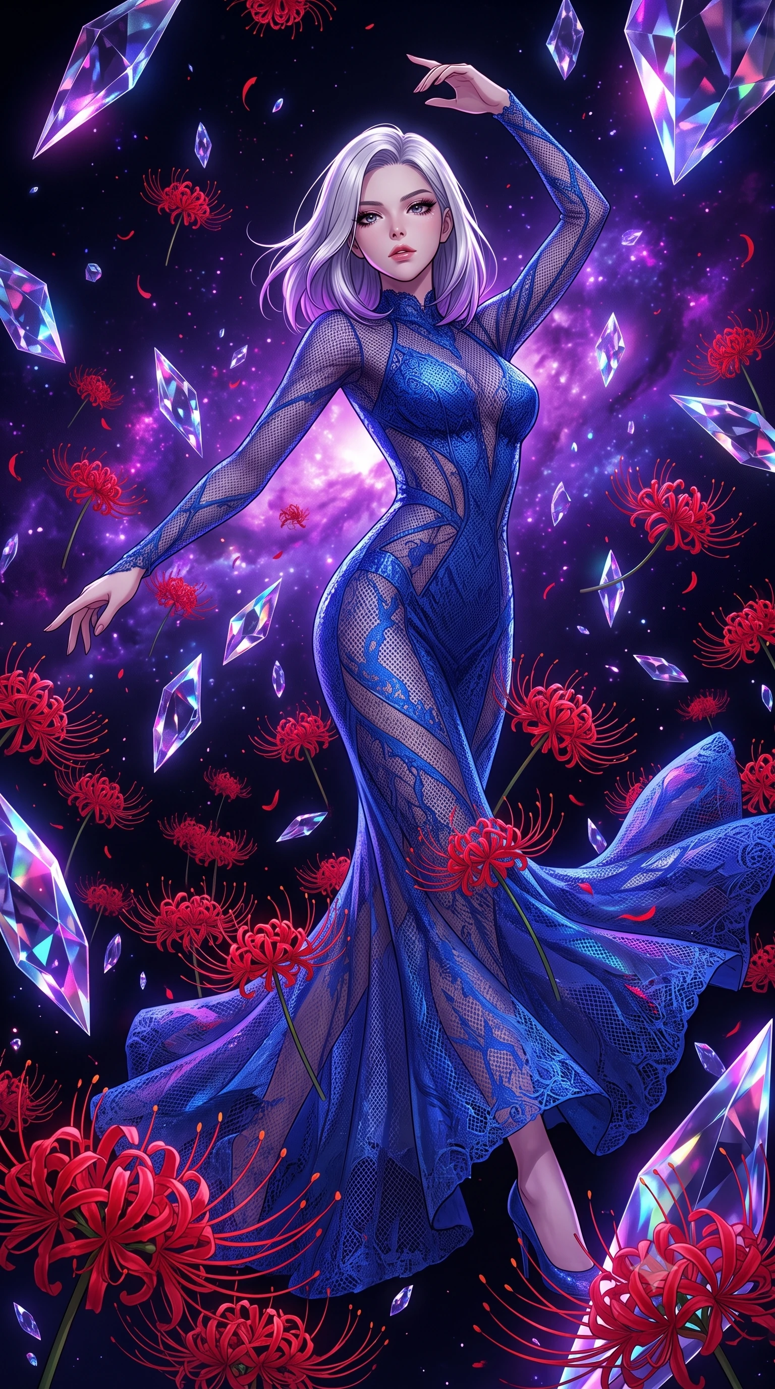 score_9, masterpiece, best quality, ultra-detailed, High-budget Anime Keyframe, Caucasian woman, strictly human ears. Low angle cowboy shot filling the entire 9:16 frame with her statuesque presence. Scenario 415: dancing amidst falling red spider lilies inside a dark void filled with floating crystal shards reflecting purple nebulae. Her presence is magnetic and overpowering in this high-budget anime scene. Outfit 415: a form-contouring cobalt blue micro-mesh lace gown with sheer sleeves and opaque panels. The clothing is designed to emphasize her exceptionally tall and slender 8-heads proportion. 8-heads proportion, towering silhouette, ultra-slim waist. sharp v-shaped jawline, intricate jewel-like eyes with depth, thick eyelashes, glossy lips. 2k, ultra detail, master piece, 9:16 ratio