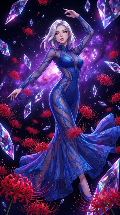 score_9, masterpiece, best quality, ultra-detailed, High-budget Anime Keyframe, Caucasian woman, strictly human ears. Low angle cowboy shot filling the entire 9:16 frame with her statuesque presence. Scenario 415: dancing amidst falling red spider li