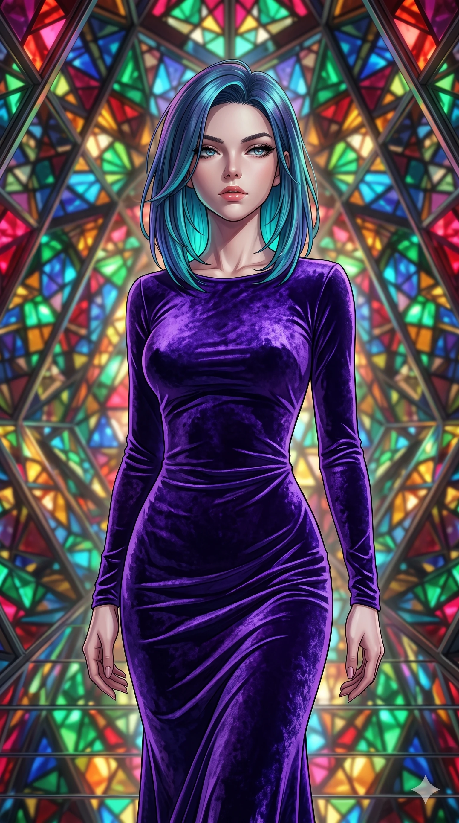 score_9, masterpiece, best quality, ultra-detailed, high-budget anime keyframe, editorial fashion photography, tasteful artistic composition, Caucasian woman, strictly human ears. close-up cowboy shot from the waist and thighs up, the character dominates the composition, filling the frame with her large presence, background elements kept in soft focus. Gazing past the camera with an air of effortless superiority. set against a soft-focus background of walking through the interior of a building-sized kaleidoscope where angled mirrors multiply geometric patterns of colored glass into infinite symmetrical fractals stretching in every direction. She has an exceptionally elegant and slender, willowy female figure with an ultra-slim waist, a gracefully sculpted slender torso, and a refined slim physique. sharp v-shaped jawline, high-bridge nose, intricate jewel-like eyes with depth, thick eyelashes, glossy lips with a natural sheen. wearing a figure-hugging mermaid gown in crushed royal purple velvet, featuring long sleeves and a fabric drape that molds beautifully to her slender curves. intensely saturated light from colored glass elements reflecting and multiplying in the mirrors creating an overwhelming symphony of ruby emerald sapphire and amber light. 2k, ultra detail, master piece, 9:16 ratio