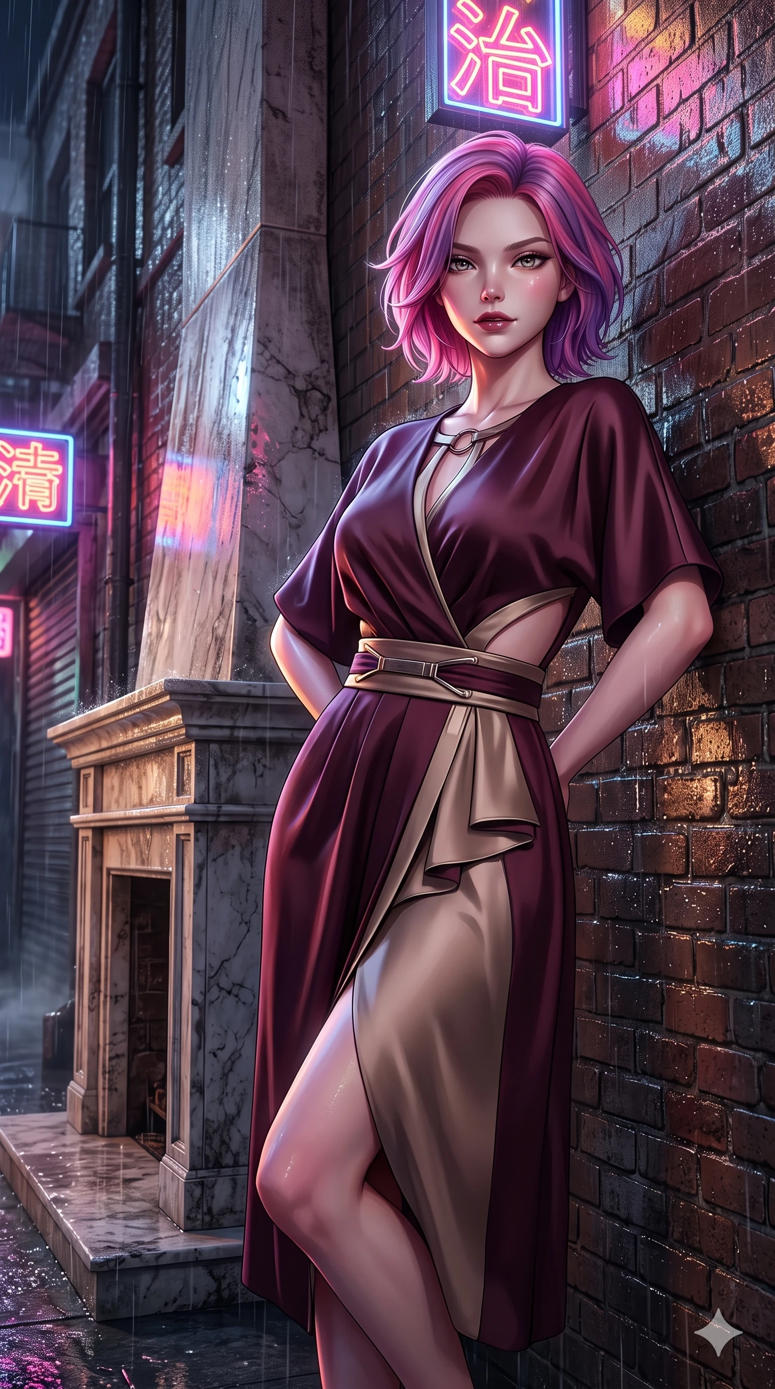 score_9, masterpiece, best quality, ultra-detailed, high-budget anime keyframe, semi-realistic 3D game render, editorial fashion photography, tasteful artistic composition, Caucasian woman. close-up cowboy shot from the waist and thighs up, the character dominates the composition, filling the frame with her large presence. standing poised beside a towering marble fireplace with hips cocked back, casting an alluring, sovereign gaze toward the viewer while leaning against the rain-soaked brick wall beneath glowing neon kanji signs, one knee bent as her smoldering gaze holds the camera. The surrounding environment is rendered in vivid detail and crisp panoramic clarity: detailed asymmetric metallic mini dress cling, liquid surface sheen, and gritty urban textures in razor-sharp precision. She has an exceptionally elegant, slender, and willowy female figure with an ultra-slim waist, flat toned midriff, narrow ribcage, and sculpted feminine hips creating an alluring, slim hourglass silhouette without bulk. sharp v-shaped jawline, high-bridge nose, intricate jewel-like dark sparkling eyes with dangerous depth, thick curled eyelashes, glossy parted lips with a rich wine sheen, smoldering seductive half-smile with bedroom-eyes, exuding effortless superiority and intoxicating dark allure, flawlessly proportioned anatomical accuracy, strict slender model proportions, natural body alignment, perfectly sculpted long slender limbs, ultra-slim waistline, clean dynamic posture without body distortion. wearing a tailored minimalist kimono-sleeve silk crepe midi dress with structured obi-inspired belt in dark mulberry wine and antique champagne, tailored from heavy double-faced silk georgette with an exceptionally fluid drape, accented with sculptural chrome hardware rings framing the subtle cutouts, the bespoke structured tailoring following the natural line of her 8.5-heads silhouette with refined elegance. bathed in high-saturation multi-hued neon reflections bouncing off wet alley walls and glistening skin. highly saturated vibrant anime colors, detailed shading with soft gradients, rich glossy textures, high-contrast stereoscopic depth, volumetric dynamic lighting, master piece, 9:16 ratio