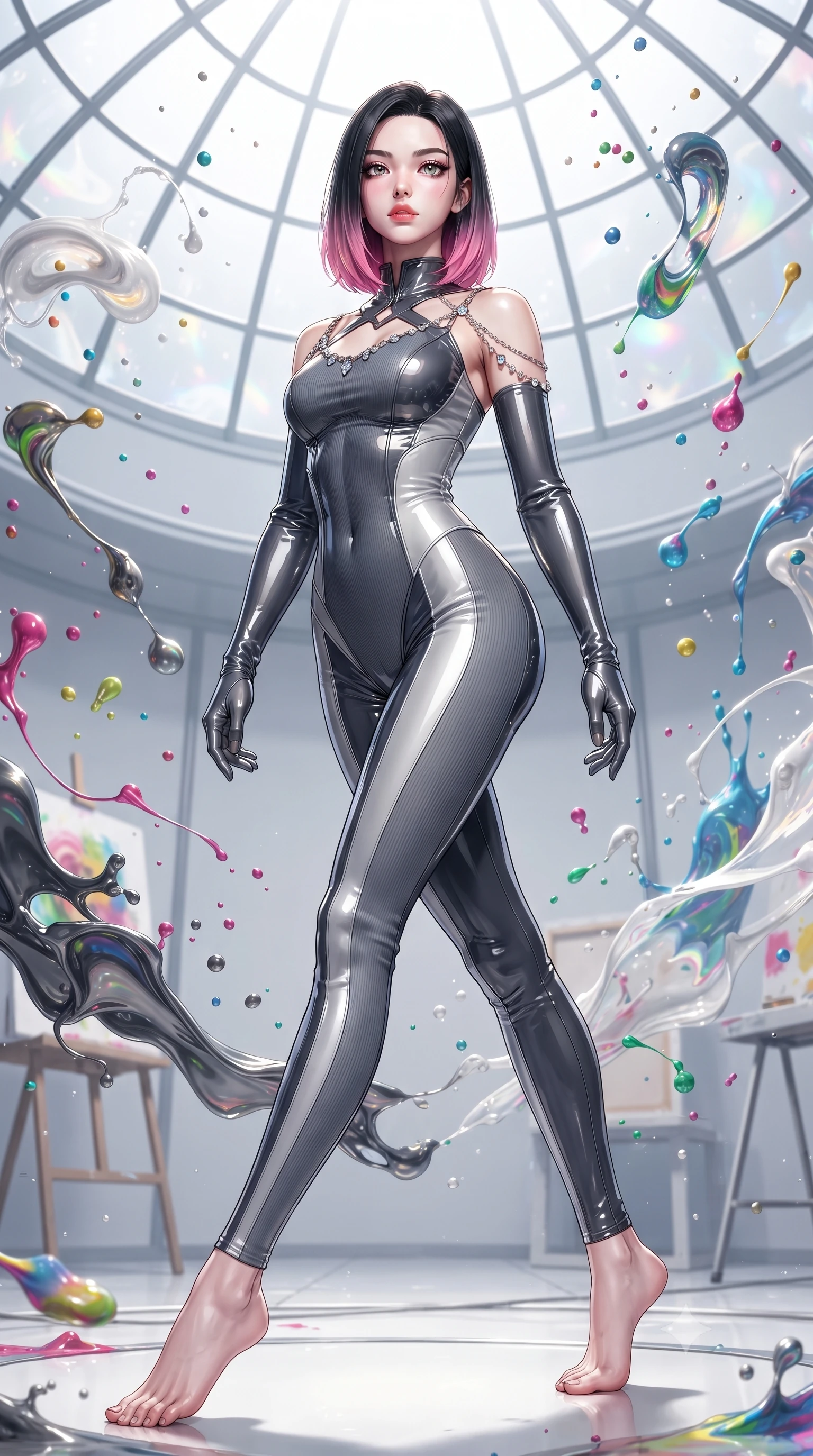 score_9, masterpiece, best quality, ultra-detailed, high-budget anime keyframe, editorial fashion photography, tasteful artistic composition, Korean woman. low angle full-body shot from head to toe showing her feet, filling the entire 9:16 vertical frame with her statuesque presence, stretching her vertical silhouette. forging dynamically through the scene, her vertical silhouette beautifully stretched standing inside a glass-domed art atelier filled with floating liquid paint swirls, vibrant paint droplets frozen in time casting specular highlights. She has an absolutely perfect, statuesque 8.5-heads proportion, an exceptionally tall and slender model-like female figure with impossibly long slender legs and an ultra-slim waist. sharp v-shaped jawline, high-bridge nose, intricate jewel-like eyes with depth, thick eyelashes, glossy lips with a natural sheen. wearing a form-fitting ribbed activewear set with collar cutouts in charcoal grey and platinum, tailored from high-gloss patent leather, adorned with delicate metallic chain straps along the neckline, the glove-like fit emphasizing her statuesque silhouette. drenched in bright white key light with colorful prismatic rim lighting. ultra-reflective glossy finish, specular highlights, metallic sheen, high-contrast stereoscopic depth, volumetric dynamic lighting, 2k, ultra detail, master piece, 9:16 ratio