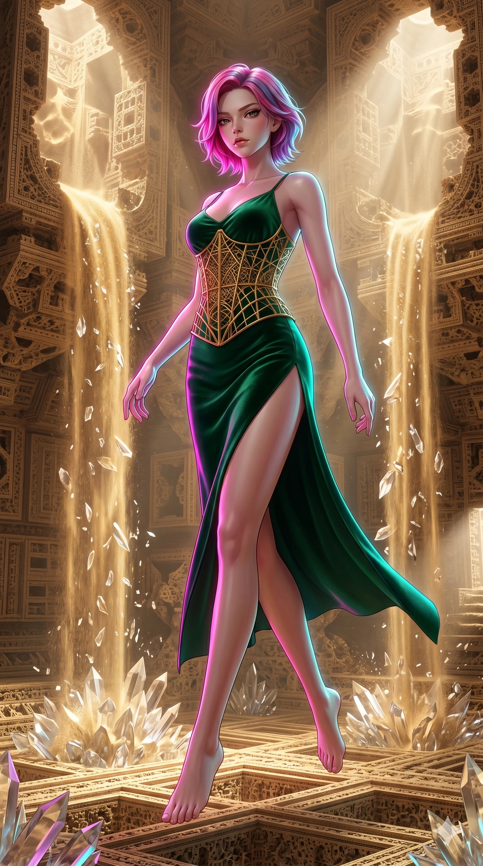 score_9, masterpiece, best quality, ultra-detailed, high-budget anime keyframe, Japanese woman. upper body close-up from the thighs up, character filling the screen for maximum presence. descending through a fractal quicksand temple where golden sand waterfalls transform into glass crystals, artistic intricate repeating patterns. She has an absolutely perfect 8-heads proportion, an exceptionally tall and slender female figure with impossibly long slender legs and an ultra-slim waist. V-shaped jawline, high-bridge nose, intricate jewel-like eyes with depth, thick eyelashes, glossy lips with a natural sheen.. wearing a mathematical gold wire cage corset and an emerald green silk velvet slip dress with a dramatic high elegant side slit. bathed in brilliant cinematic volumetric lighting and intense neon rim light highlighting her slender form. 2k, ultra detail, master piece, 9:16 ratio