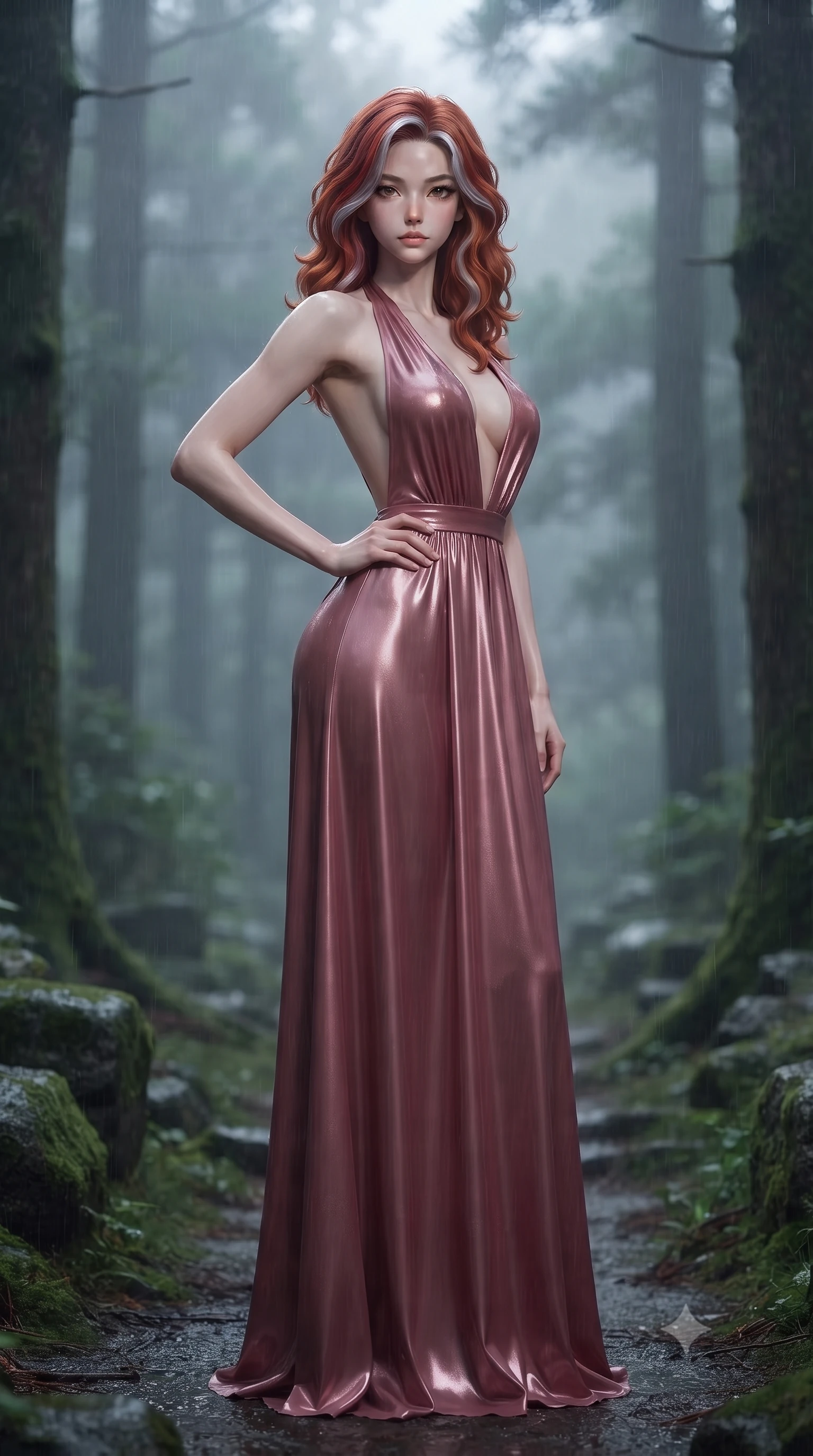score_9, masterpiece, best quality, ultra-detailed, high-budget anime keyframe, editorial fashion photography, tasteful artistic composition, Caucasian woman. low angle full-body shot from head to toe showing her feet, filling the entire 9:16 vertical frame with her statuesque presence, stretching her vertical silhouette. posing confidently with one hand on her hip, stretching her statuesque body to emphasize her curves the background shows a soft-focus a secluded stone path in an old pine forest under a heavy fog and gentle rain. She has an absolutely perfect, statuesque 8.5-heads proportion, an exceptionally tall and slender model-like female figure with impossibly long slender legs and an ultra-slim waist. sharp v-shaped jawline, high-bridge nose, intricate jewel-like eyes with depth, thick eyelashes, glossy lips with a natural sheen. wearing a slim-fit deep plunging-V neck maxi dress in dusty rose chiffon with a bold halter neck and low-cut back. soft diffused twilight light tracing her jawline with a cold silver rim light. ultra-reflective glossy finish, specular highlights, metallic sheen, high-contrast stereoscopic depth, volumetric dynamic lighting, 2k, ultra detail, master piece, 9:16 ratio