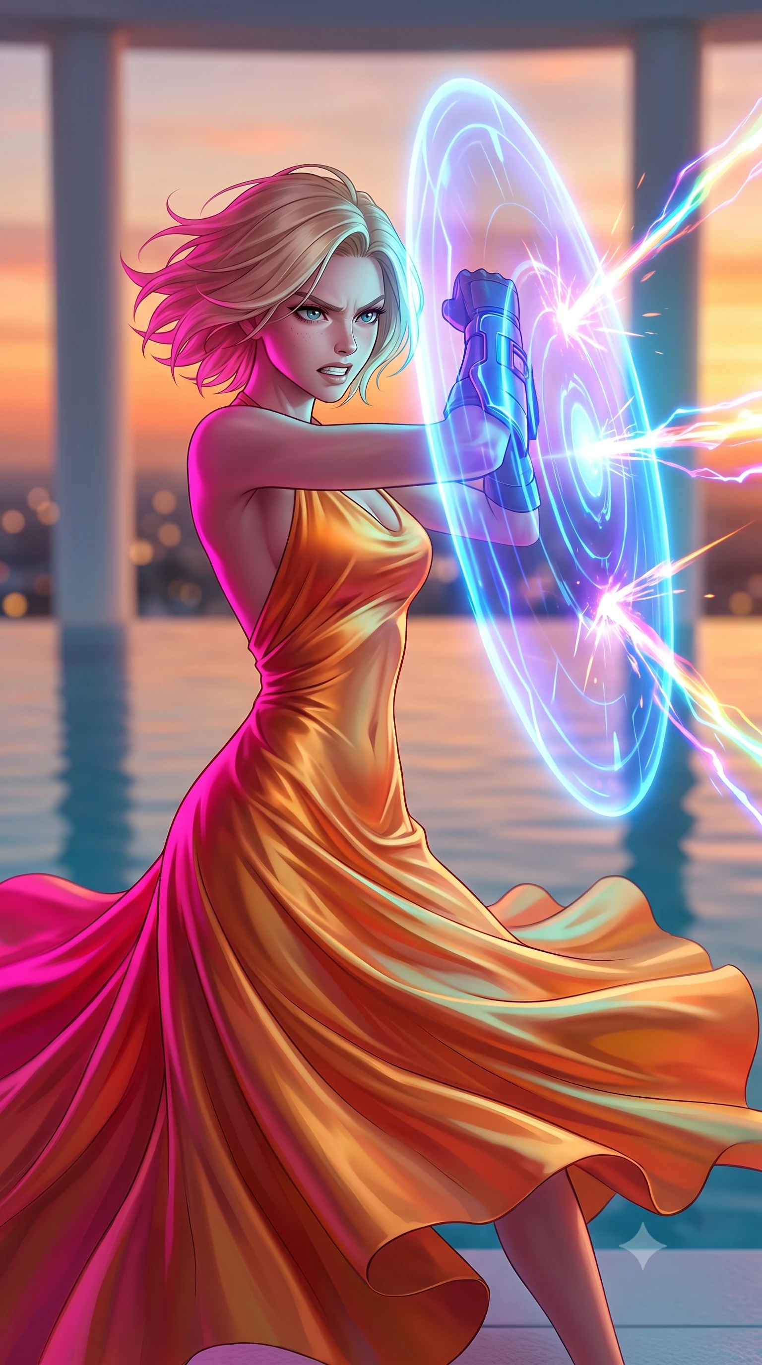 score_9, masterpiece, best quality, ultra-detailed, high-budget anime keyframe, editorial fashion photography, tasteful artistic composition, Caucasian woman, strictly human ears. close-up cowboy shot from the waist and thighs up, the character dominates the composition, filling the frame with her large presence, background elements kept in soft focus. Deflecting incoming plasma bolts with a glowing energy shield attached to her forearm, teeth grit in determination. set against a soft-focus background of an infinity pool on a skyscraper roof, the still water blending into the sunset horizon, clean white columns framing the view. She has an exceptionally elegant and slender, willowy female figure with an ultra-slim waist, a gracefully sculpted slender torso, and a refined slim physique. sharp v-shaped jawline, high-bridge nose, intricate jewel-like eyes with depth, thick eyelashes, glossy lips with a natural sheen. wearing the lightweight fabric rippling and billowing dramatically with her movement, a form-contouring liquid silk charmeuse gown in a sunset gradient of orange and gold, clinging and pooling along her tall, slender silhouette. highly saturated vibrant anime colors, intense vivid color palette, soft 3D volumetric shading, volumetric dynamic lighting, dual-tone lighting with hot magenta from the left and cool cyan from the right. 2k, ultra detail, master piece, 9:16 ratio