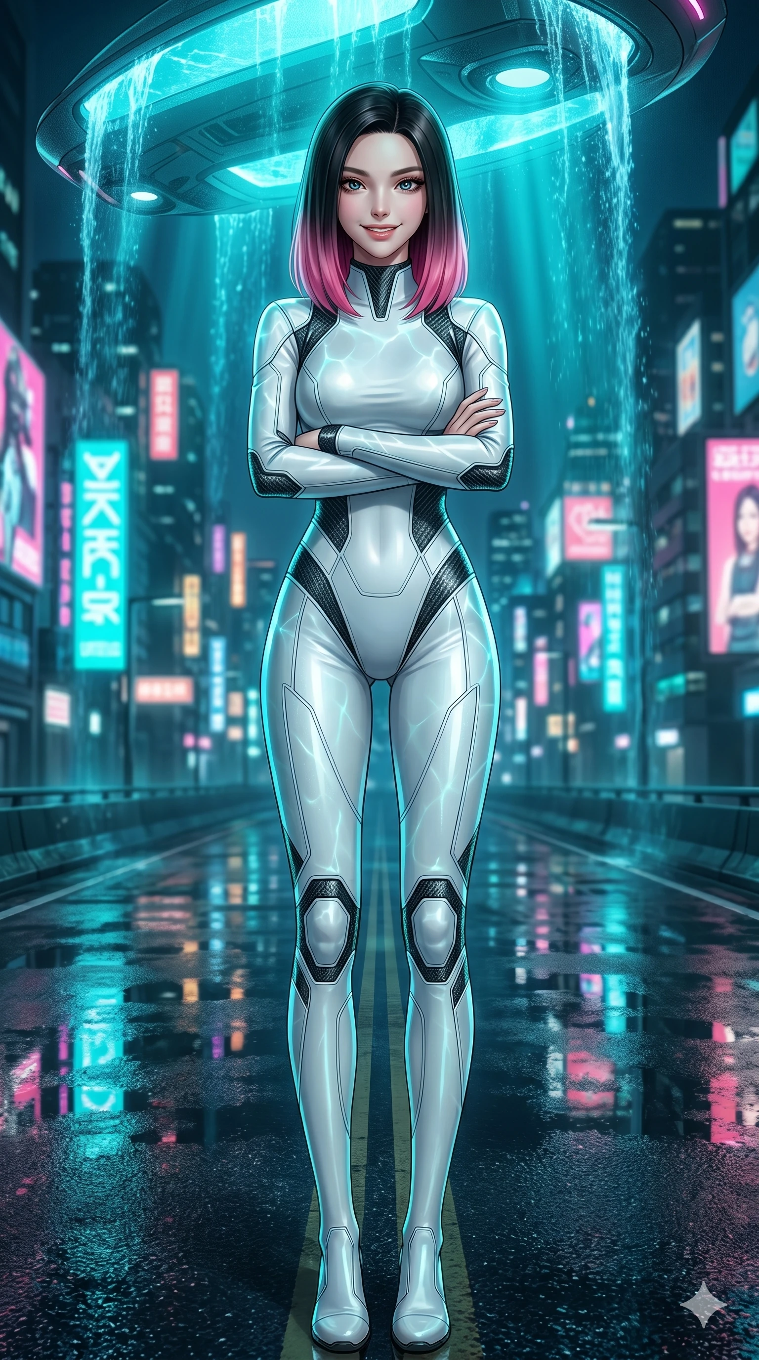 score_9, masterpiece, best quality, ultra-detailed, high-budget anime keyframe, editorial fashion photography, tasteful artistic composition, Korean woman. cowboy shot from the thighs up, character and outfit filling the frame for maximum editorial presence. Crossing her arms with a confident smile, her posture relaxed yet powerful on a futuristic city highway reflecting neon advertisements on wet asphalt. She has an absolutely perfect 8-heads proportion, an exceptionally tall and slender female figure with impossibly long slender legs and an ultra-slim waist. V-shaped jawline, high-bridge nose, intricate jewel-like eyes with depth, thick eyelashes, glossy lips with a natural sheen. wearing a structured bodysuit in white leather-look material with futuristic carbon-fiber panel accents. drenched in brilliant turquoise volumetric light filtering through water, casting caustic patterns. 2k, ultra detail, master piece, 9:16 ratio