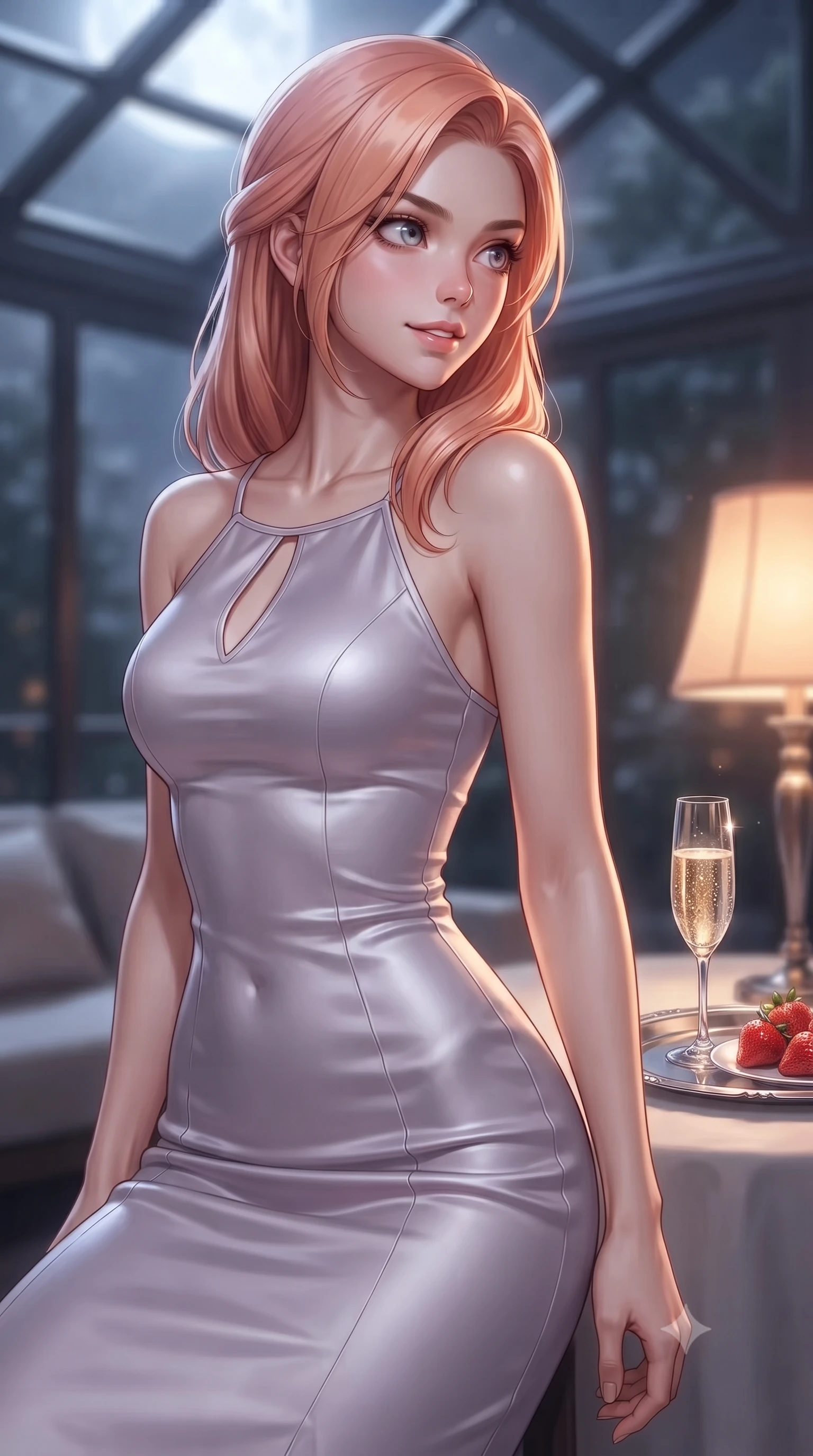 score_9, masterpiece, best quality, ultra-detailed, high-budget anime keyframe, editorial fashion photography, tasteful artistic composition, Japanese woman. close-up cowboy shot from the waist and thighs up, the character dominates the composition, filling the frame with her large presence, background elements kept in soft focus. glancing sidelong over her shoulder with an intoxicating, lingering stare and a subtle, knowing smile set against a soft-focus background of inside an exclusive solarium deck with a crystal glass of sparkling champagne and fresh strawberries on a silver tray. She has an exceptionally elegant, slender, and willowy female figure with an ultra-slim waist, a gracefully sculpted slender torso, and a refined silhouette. sharp v-shaped jawline, high-bridge nose, intricate jewel-like eyes with depth, thick eyelashes, glossy lips with a natural sheen. wearing tailored pale lavender liquid satin body-hugging knit midi dress with a tasteful keyhole neckline cutout and thin shoulder straps featuring refined tailored seams. illuminated by soft silver moonlight contrasting with the warm amber glow of a nearby lamp. ultra-reflective glossy finish, specular highlights, metallic sheen, high-contrast stereoscopic depth, volumetric dynamic lighting, 2k, ultra detail, master piece, 9:16 ratio