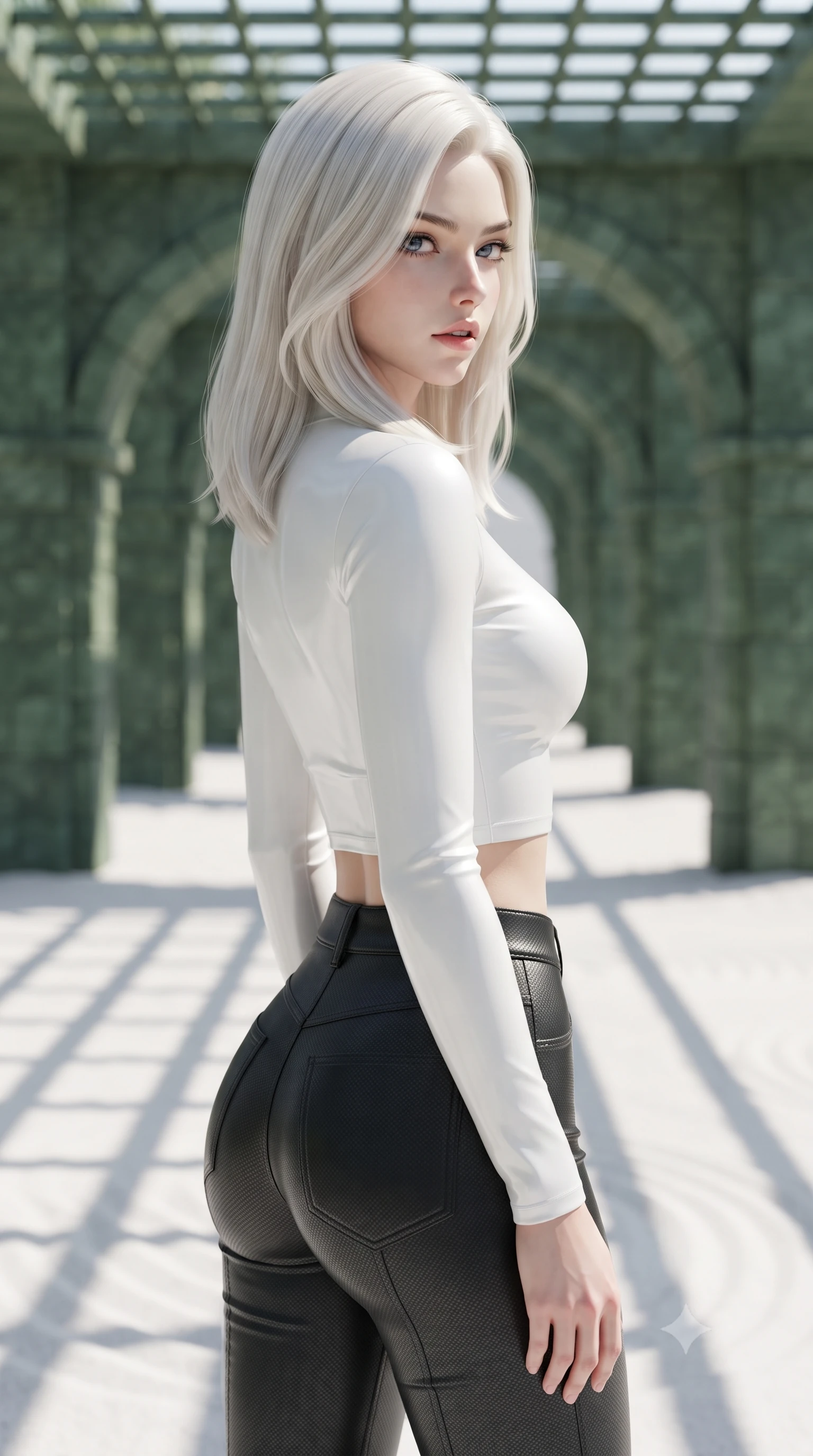 score_9, masterpiece, best quality, ultra-detailed, high-budget anime keyframe, editorial fashion photography, tasteful artistic composition, Caucasian woman. close-up cowboy shot from the waist and thighs up, the character dominates the composition, filling the frame with her large presence, background elements kept in soft focus. turning her face in profile to look over her shoulder, casting a smoldering side gaze with lips slightly parted, the background shows a soft-focus a void path with raked white sand and structured green stone arches. She has an exceptionally elegant, slender, and willowy female figure with an ultra-slim waist, a gracefully sculpted slender torso, and a refined silhouette. sharp v-shaped jawline, high-bridge nose, intricate jewel-like eyes with depth, thick eyelashes, glossy lips with a natural sheen. wearing a tailored body-hugging long-sleeve tactical crop top in pure white, paired with high-waisted black carbon-weave skinny pants. crisp morning sunlight casting sharp, clean grid shadows across the sand. ultra-reflective glossy finish, specular highlights, metallic sheen, high-contrast stereoscopic depth, volumetric dynamic lighting, 2k, ultra detail, master piece, 9:16 ratio