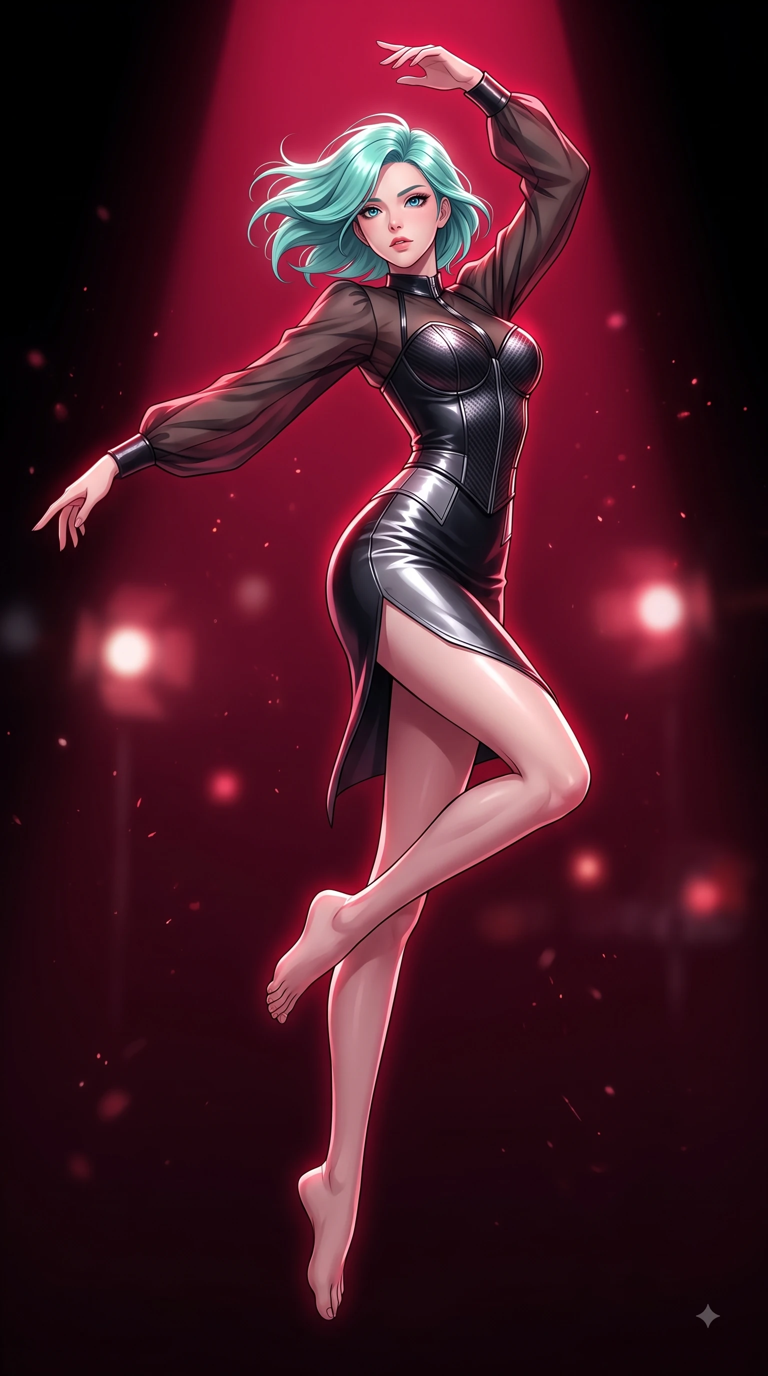 score_9, masterpiece, best quality, ultra-detailed, high-budget anime keyframe, editorial fashion photography, tasteful artistic composition, Japanese woman. low angle full-body shot from head to toe showing her feet, filling the entire 9:16 vertical frame with her statuesque presence, stretching her vertical silhouette. performing an athletic mid-air rotation with flawless poise, her vertical silhouette beautifully stretched while poised in a dramatic low-angle stance as deep crimson theatrical spotlights isolate her figure, dramatic theatrical lighting emphasizing every curve of her athletic build. She has an absolutely perfect, statuesque 8.5-heads proportion, an exceptionally tall and slender model-like female figure with impossibly long slender legs and an ultra-slim waist. sharp v-shaped jawline, high-bridge nose, intricate jewel-like eyes with depth, thick eyelashes, glossy lips with a natural sheen, flawlessly proportioned anatomical accuracy, natural body alignment, perfectly sculpted elegant limbs, clean dynamic posture without body distortion. wearing a tailored leather bustier over a sheer silk chiffon blouse in matte black and polished silver, made of fine carbon-fiber weave and soft matte leather, finished with a sleek side slit ascending to mid-thigh, the form-contouring material highlighting her ultra-slim waist and long lines. bathed in deep crimson theatrical lighting with sharp specular highlights on every curve. highly saturated vibrant anime colors, detailed shading with soft gradients, rich glossy textures, high-contrast stereoscopic depth, volumetric dynamic lighting, master piece, 9:16 ratio