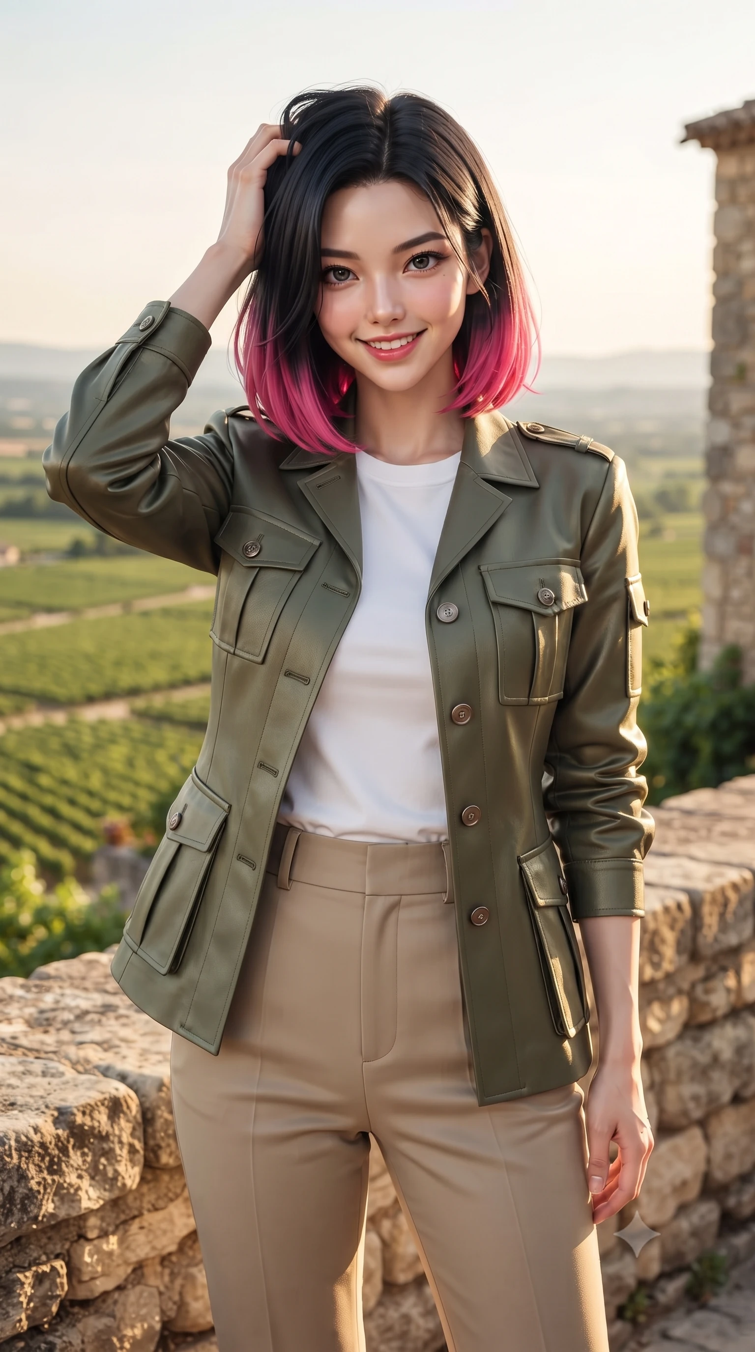 score_9, masterpiece, best quality, ultra-detailed, high-budget anime keyframe, editorial fashion photography, tasteful artistic composition, Korean woman woman. close-up cowboy shot from the waist and thighs up, the character dominates the composition, filling the frame with her large presence, background elements kept in soft focus. smiling with quiet, magnetic self-assurance directly into the camera, running a hand through her hair the background shows a soft-focus a stone terrace of an old estate, looking down at a vast valley of green vineyards. She has an exceptionally elegant, slender, and willowy female figure with an ultra-slim waist, a gracefully sculpted slender torso, and a refined silhouette. sharp v-shaped jawline, high-bridge nose, intricate jewel-like eyes with depth, thick eyelashes, glossy lips with a natural sheen. wearing a slim-fit tailored olive green safari jacket over a white crewneck top and khaki pants. late afternoon sun casting a majestic golden glow over the stone walls. ultra-reflective glossy finish, specular highlights, metallic sheen, high-contrast stereoscopic depth, volumetric dynamic lighting, 2k, ultra detail, master piece, 9:16 ratio