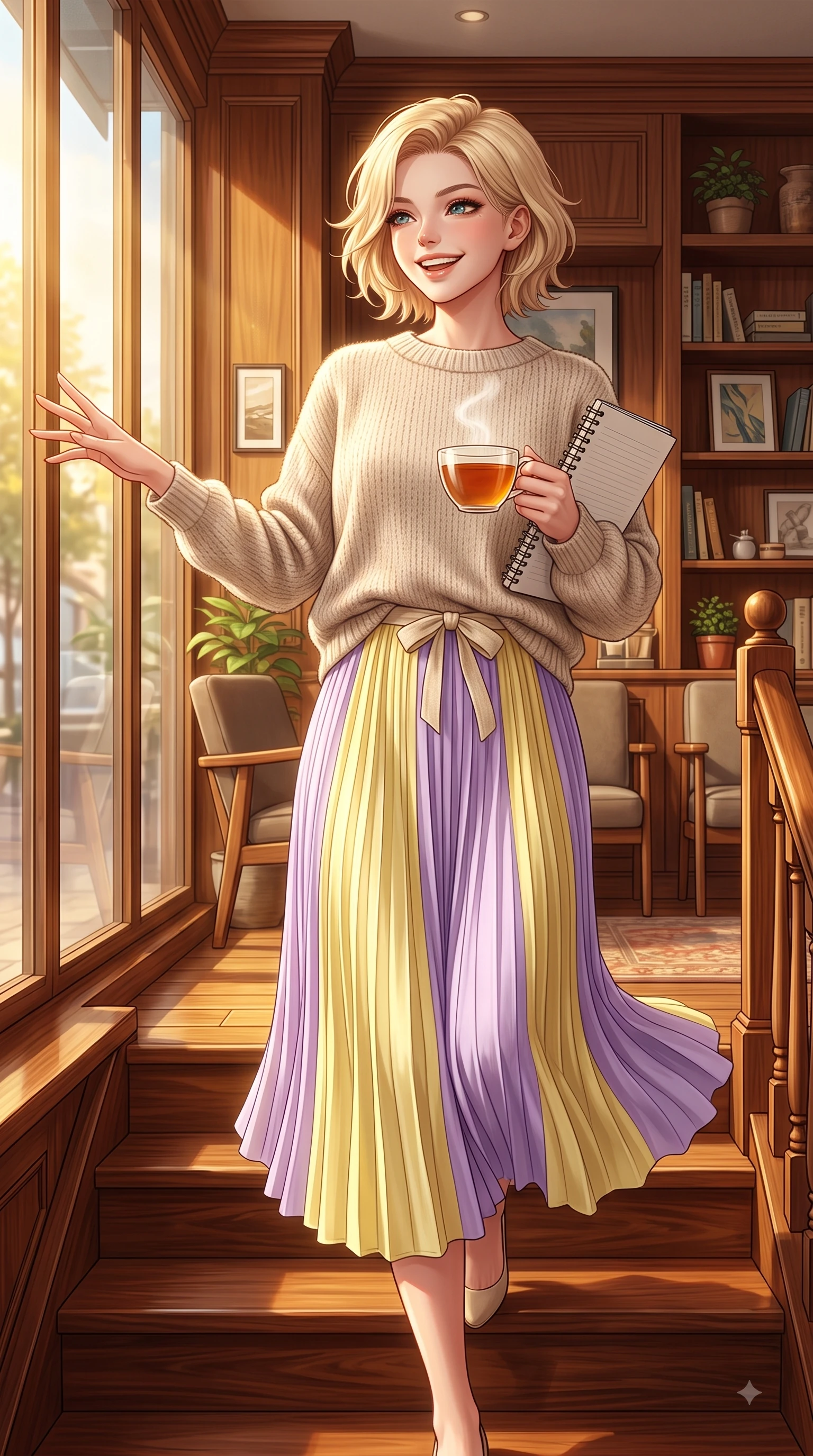 score_9, masterpiece, best quality, ultra-detailed, high-budget anime keyframe, editorial fashion photography, tasteful artistic composition, Caucasian woman. close-up cowboy shot from the waist and thighs up, the character dominates the composition, filling the frame with her large presence. Extending one arm in an elegant stretch toward the light while smiling with vibrant, youthful self-assurance while stepping down a polished wooden staircase carrying a cup of tea and a notebook with joyful grace. The surrounding environment is rendered in vivid detail and crisp panoramic clarity. rich wooden interior textures and cozy coffee shop decor rendered with vivid environmental detail. She has an exceptionally elegant, slender, and willowy female figure with an ultra-slim waist, a gracefully sculpted slender torso, and a refined silhouette. sharp v-shaped jawline, high-bridge nose, intricate jewel-like eyes with depth, thick eyelashes, glossy lips with a natural sheen, flawlessly proportioned anatomical accuracy, natural body alignment, perfectly sculpted elegant limbs, clean dynamic posture without body distortion. wearing a soft oatmeal cashmere pullover sweater paired with a flowing pleated satin skirt in soft lemon yellow and lavender violet, crafted from soft breathable linen, accented with a dainty waist ribbon bow, the relaxed yet flattering fit accentuating her naturally graceful and slender figure. bathed in warm golden sunlight streaming through clean glass cafe windows. highly saturated vibrant anime colors, detailed shading with soft gradients, rich glossy textures, high-contrast stereoscopic depth, volumetric dynamic lighting, master piece, 9:16 ratio